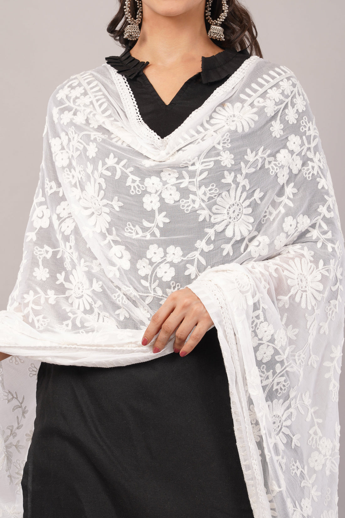 White Embroidered Dyeable Chiffon Dupatta | Nazneen Chunni (ND-23) | IVAARA.