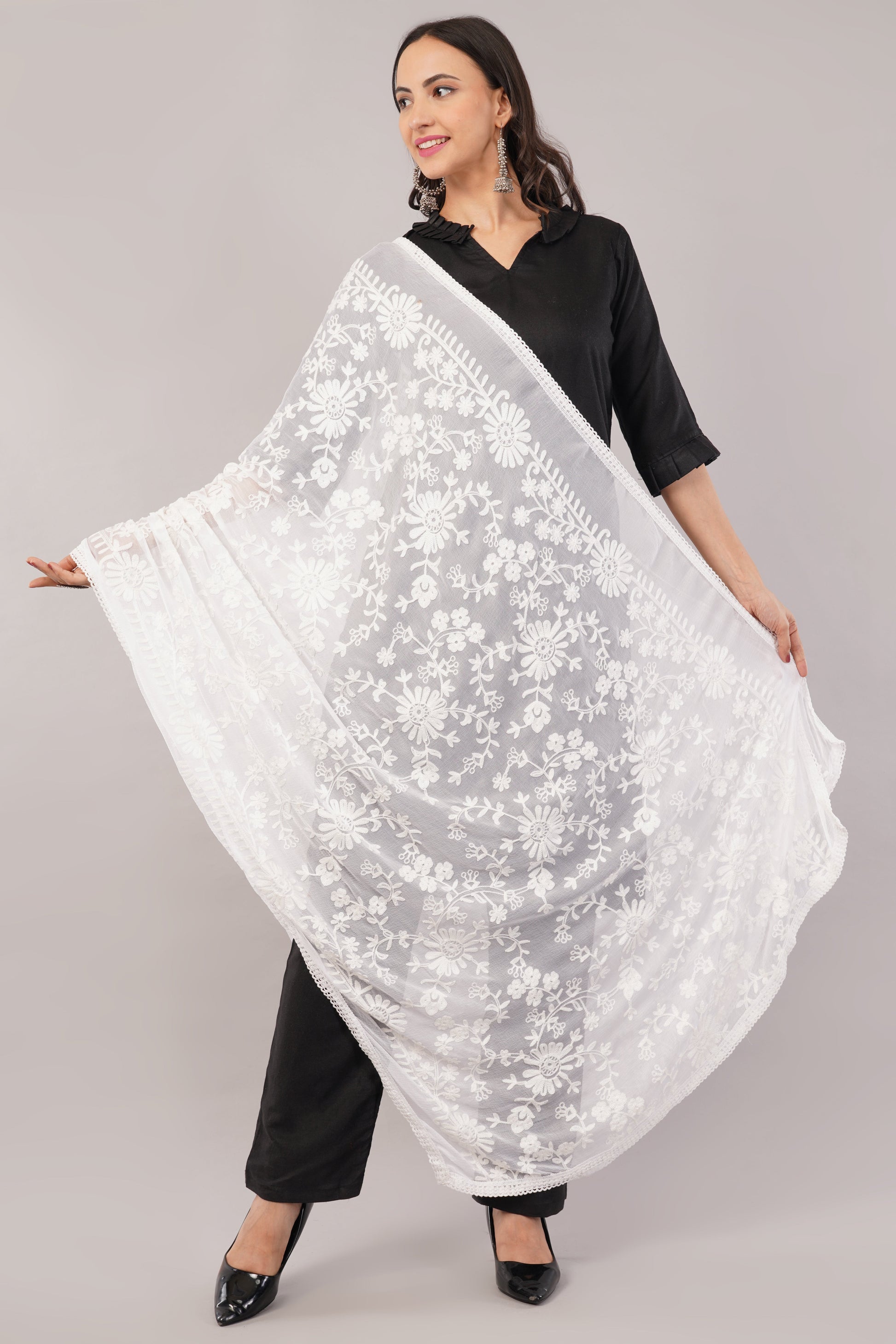 White Embroidered Dyeable Chiffon Dupatta | Nazneen Chunni (ND-23) | IVAARA.