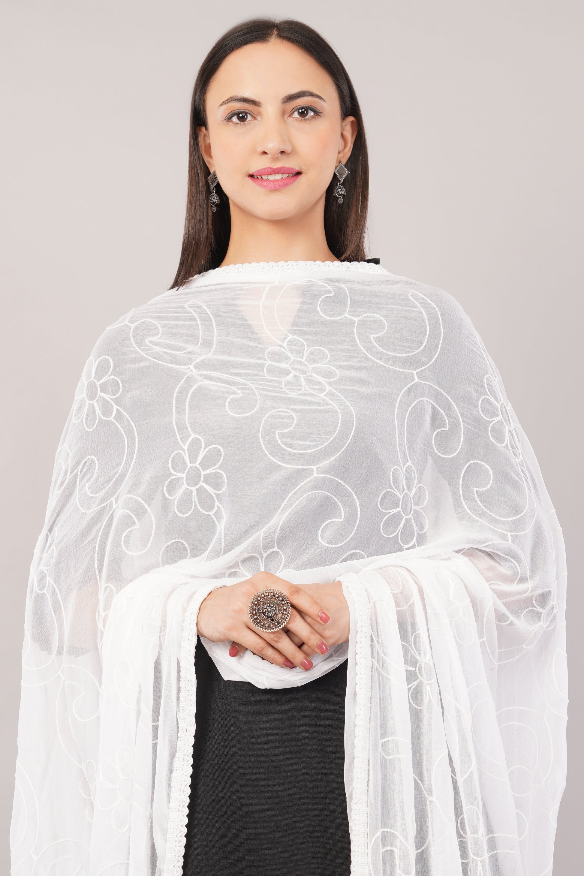 White Embroidered Dyeable Chiffon Dupatta | Nazneen Chunni (ND-4) | IVAARA.