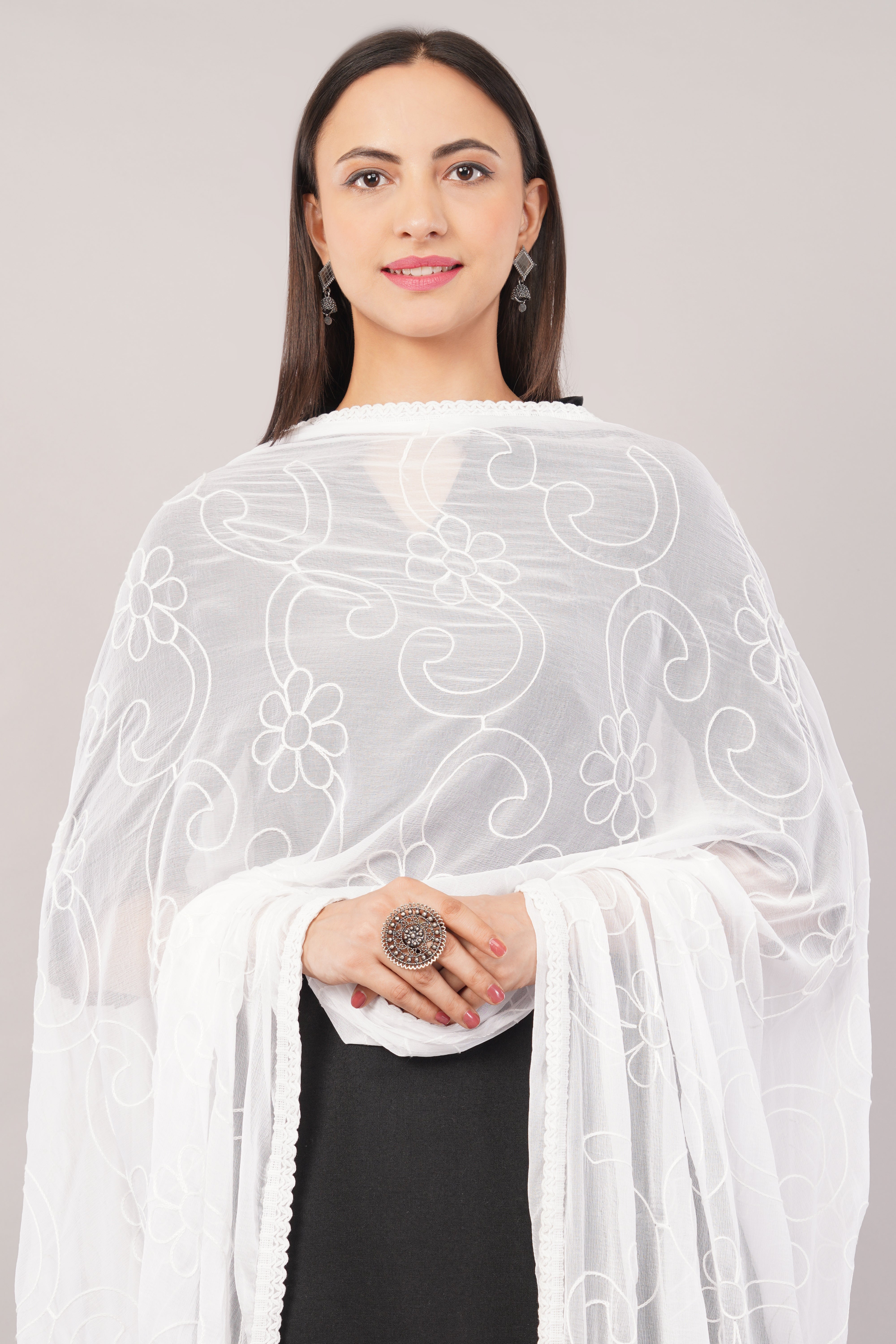 White Embroidered Dyeable Chiffon Dupatta | Nazneen Chunni (ND-4) | IVAARA.