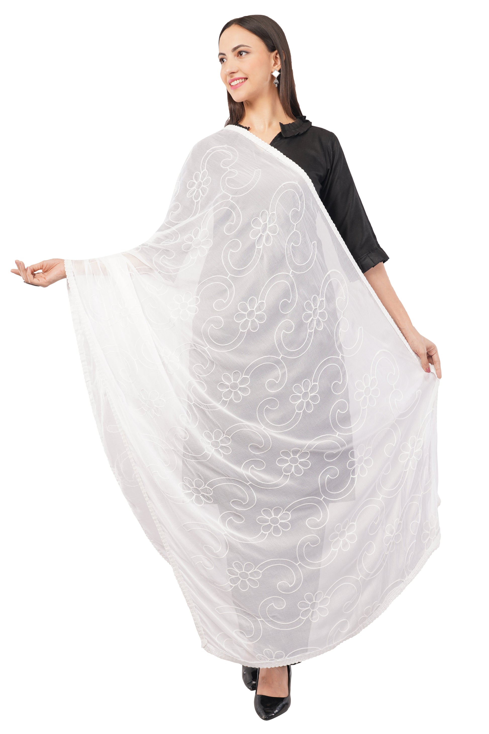 White Embroidered Dyeable Chiffon Dupatta | Nazneen Chunni (ND-4) | IVAARA.