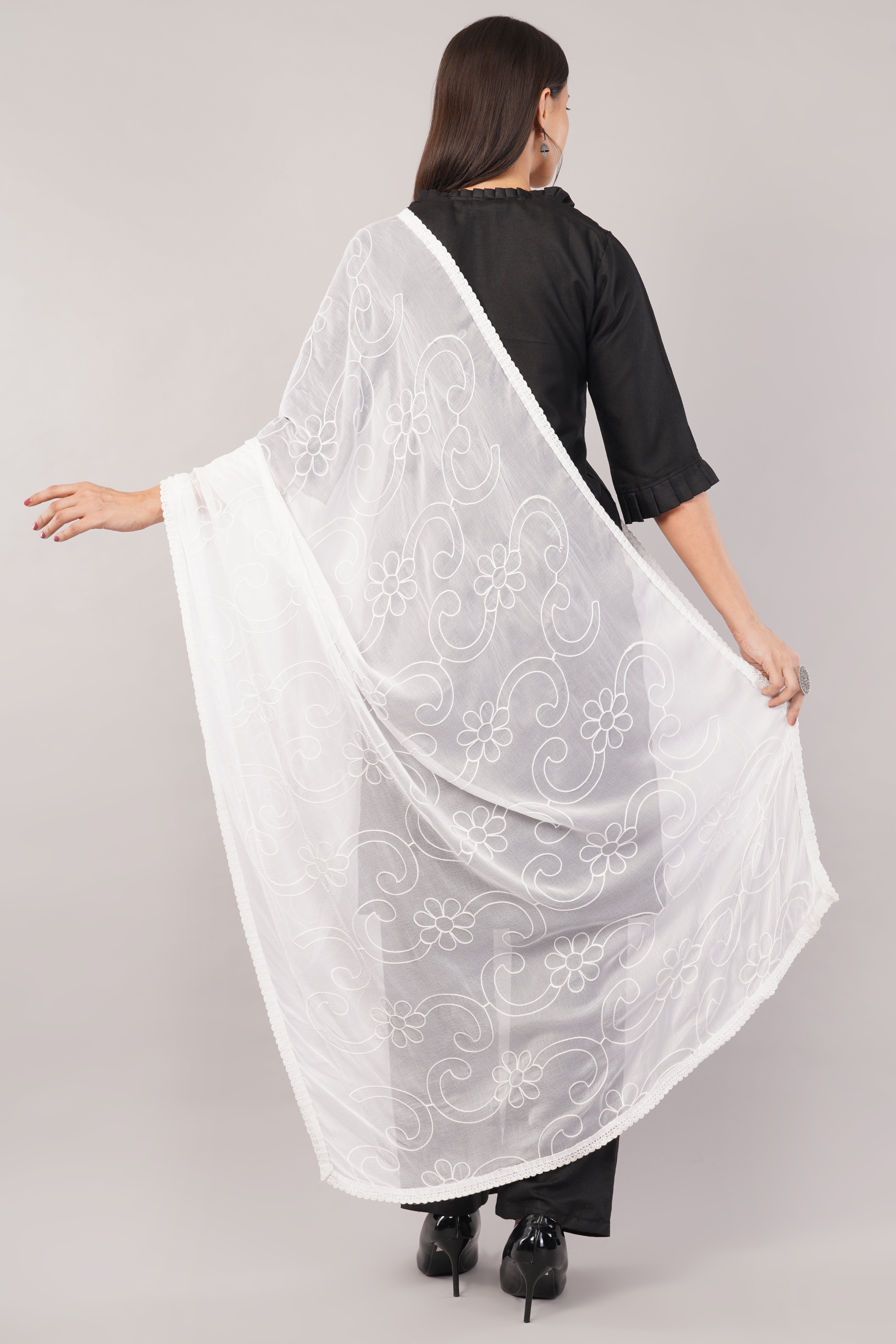 White Embroidered Dyeable Chiffon Dupatta | Nazneen Chunni (ND-4) | IVAARA.