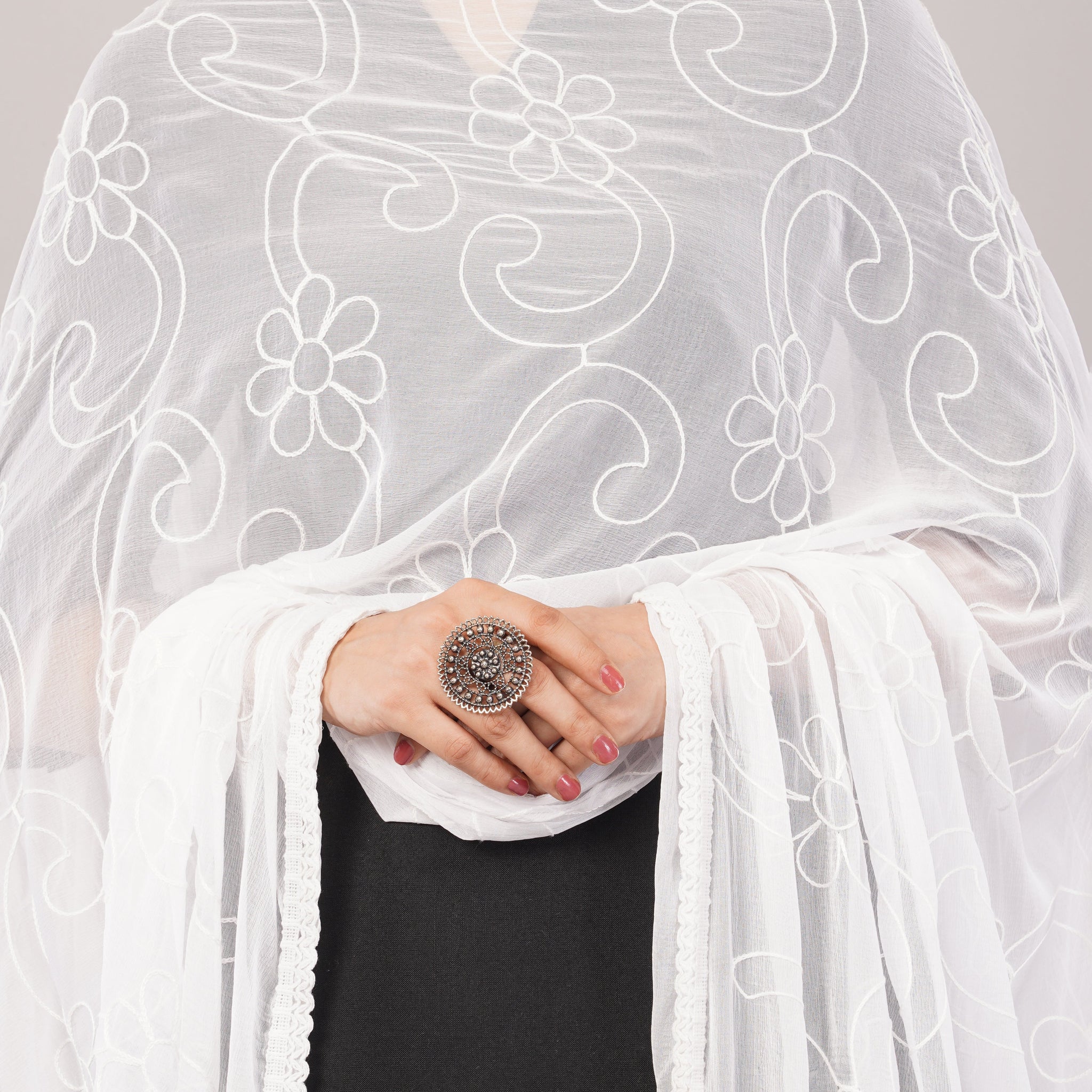 White Embroidered Dyeable Chiffon Dupatta | Nazneen Chunni (ND-4) | IVAARA.