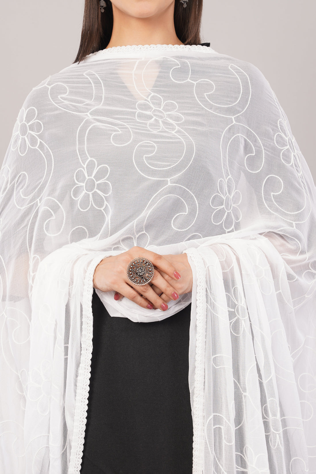White Embroidered Dyeable Chiffon Dupatta | Nazneen Chunni (ND-4) | IVAARA.