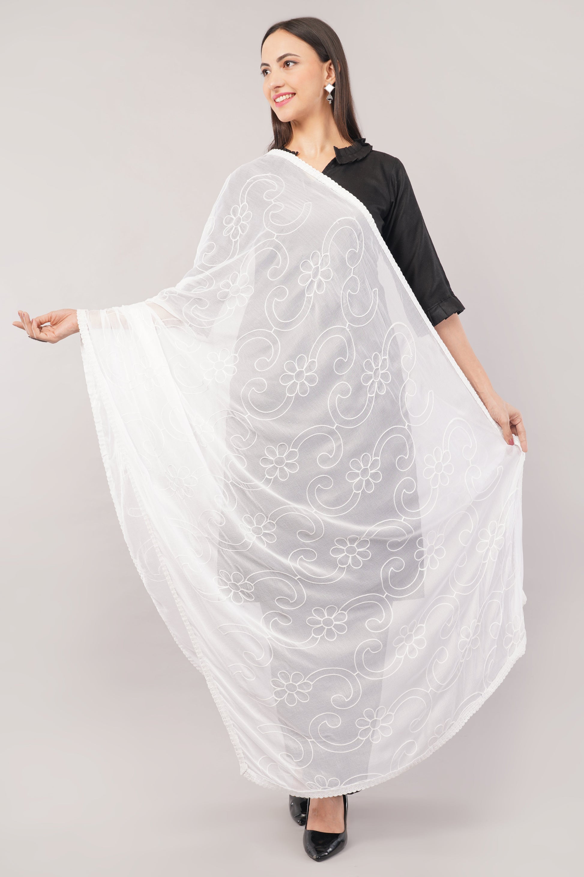 White Embroidered Dyeable Chiffon Dupatta | Nazneen Chunni (ND-4) | IVAARA.