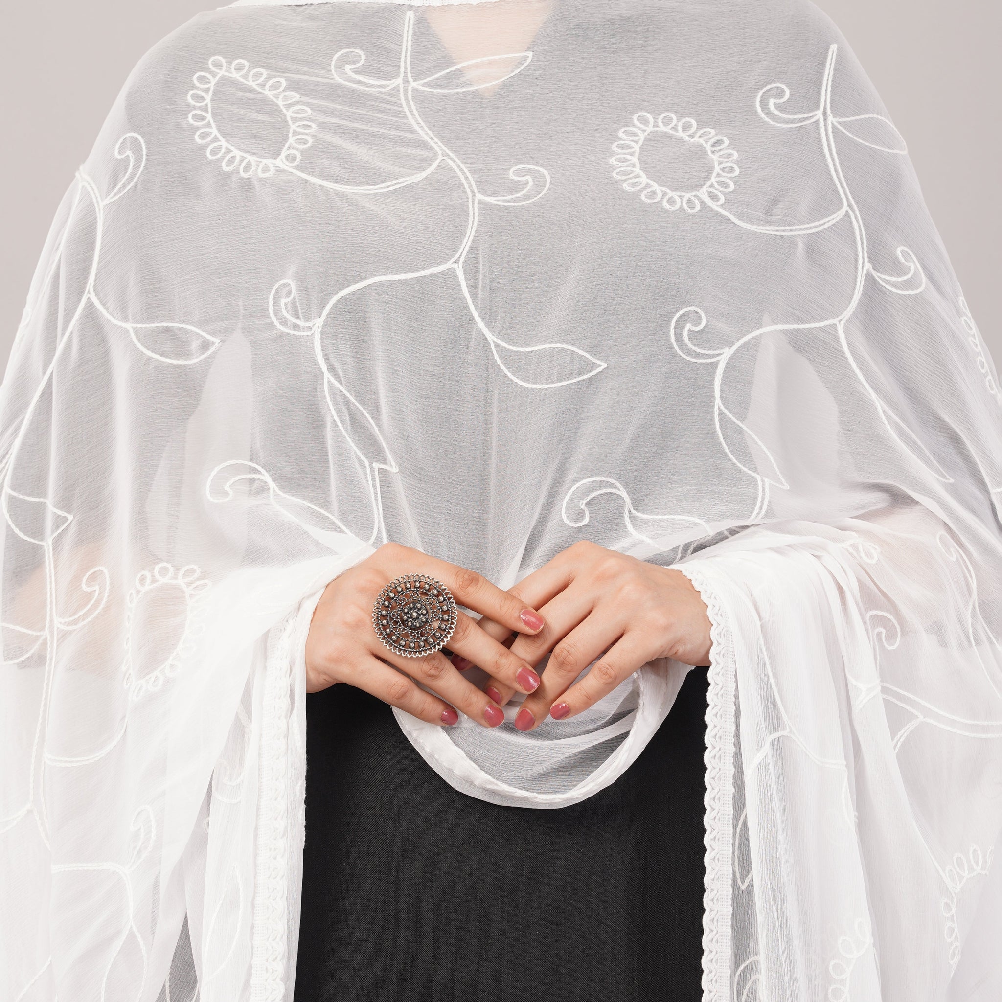 White Embroidered Dyeable Chiffon Dupatta | Nazneen Chunni (ND-5) | IVAARA.