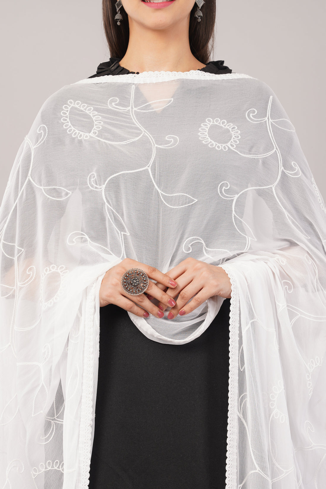White Embroidered Dyeable Chiffon Dupatta | Nazneen Chunni (ND-5) | IVAARA.