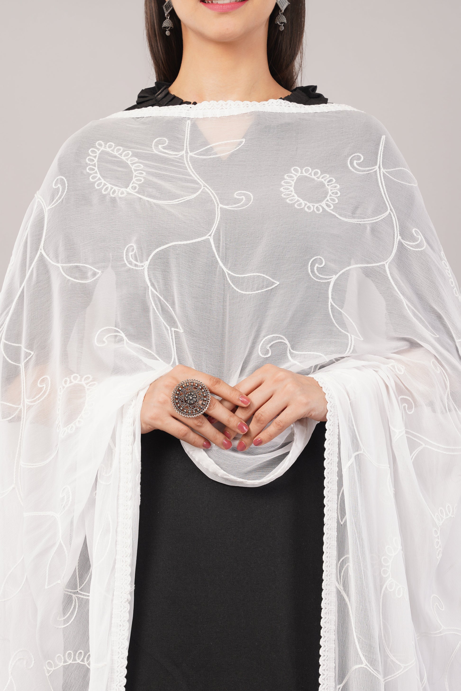 White Embroidered Dyeable Chiffon Dupatta | Nazneen Chunni (ND-5) | IVAARA.