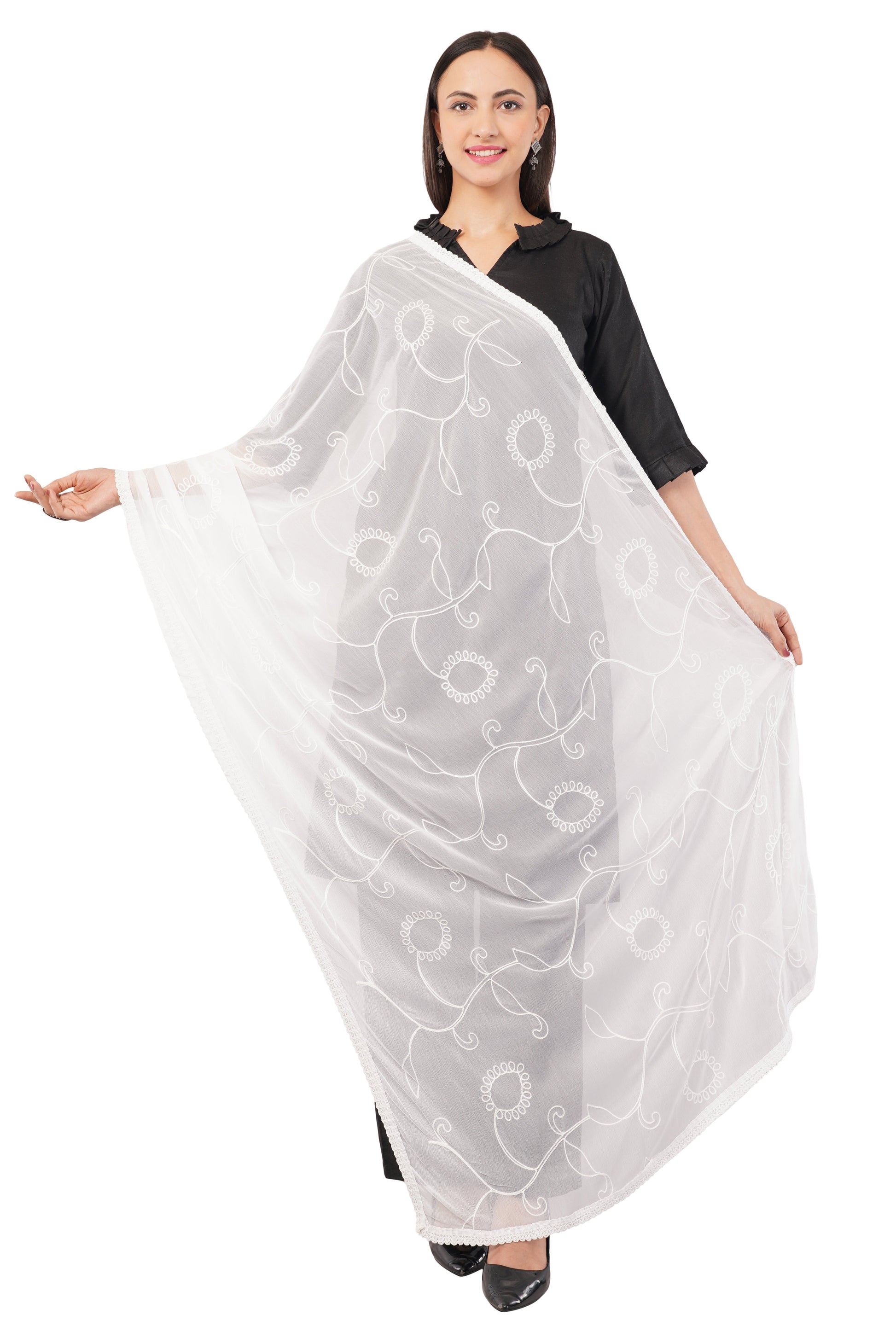 White Embroidered Dyeable Chiffon Dupatta | Nazneen Chunni (ND-5) | IVAARA.