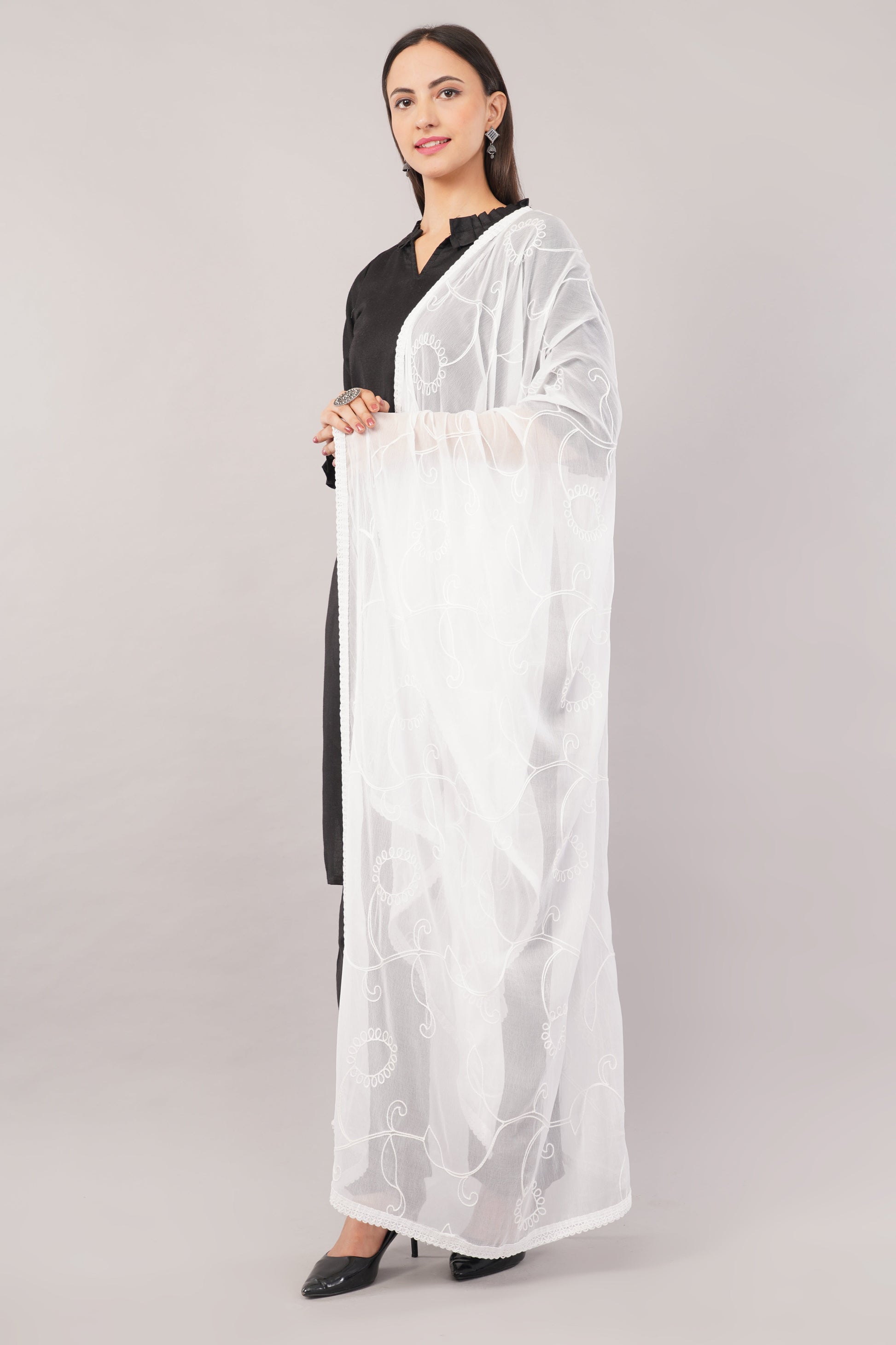 White Embroidered Dyeable Chiffon Dupatta | Nazneen Chunni (ND-5) | IVAARA.