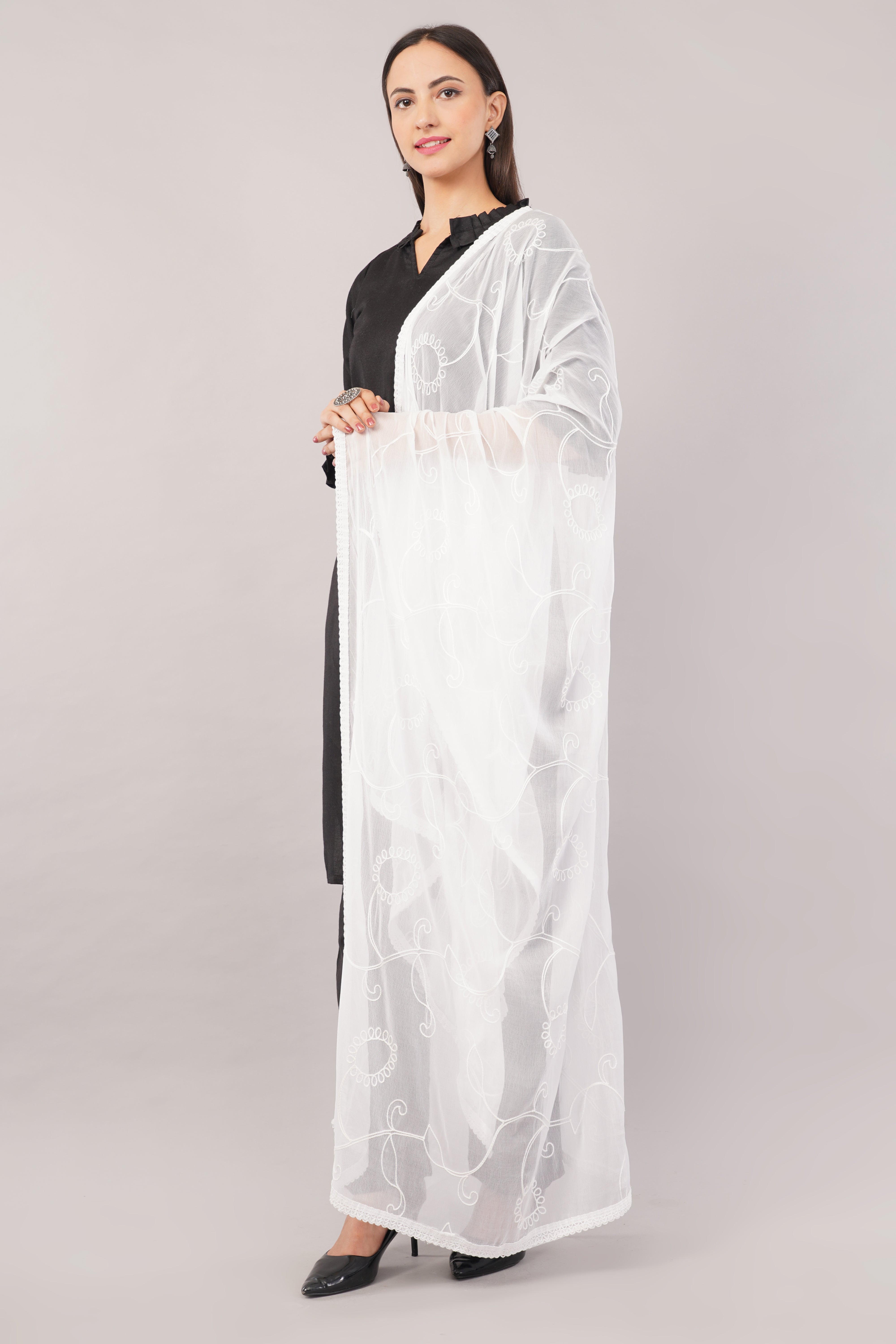 White Embroidered Dyeable Chiffon Dupatta | Nazneen Chunni (ND-5) | IVAARA.