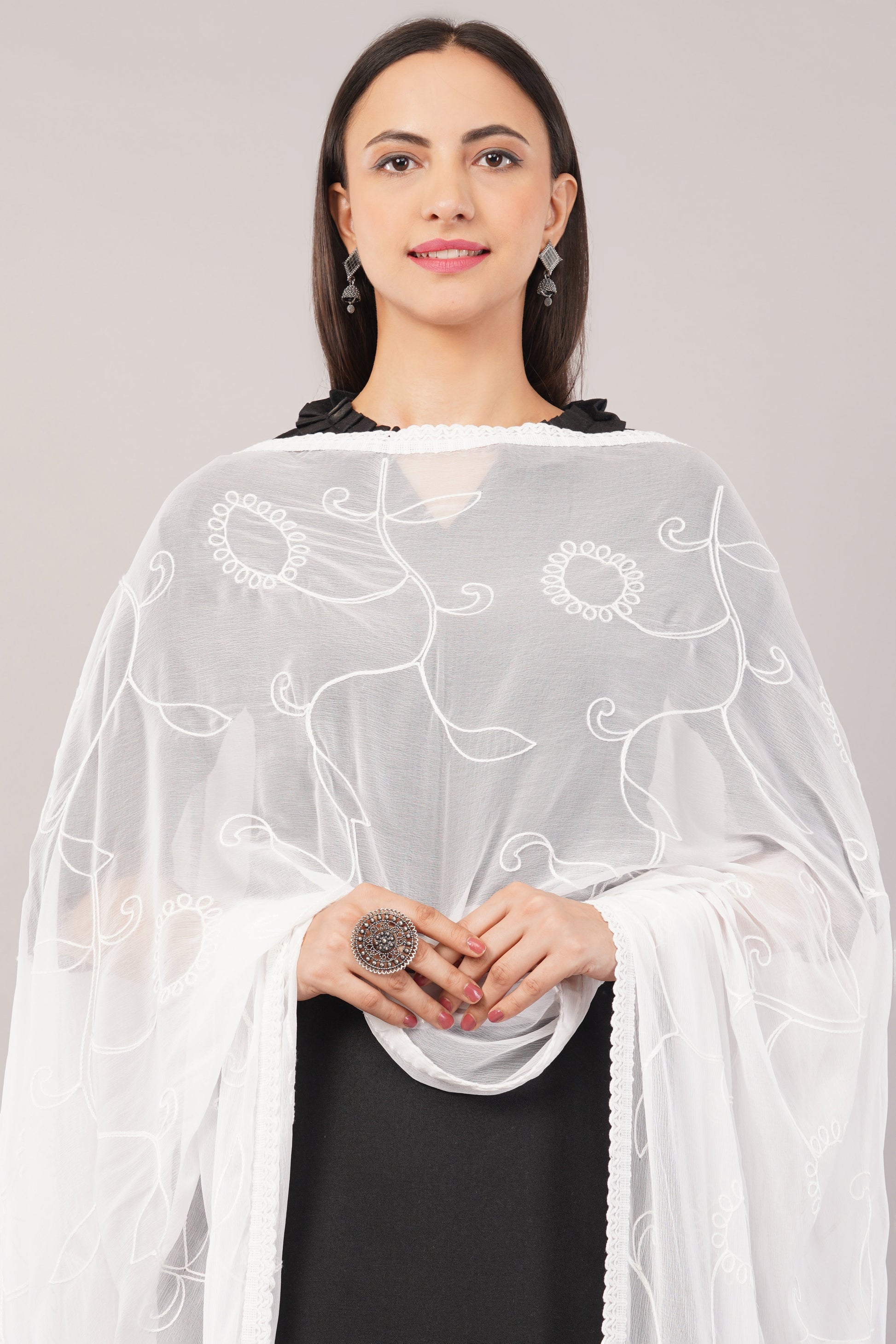 White Embroidered Dyeable Chiffon Dupatta | Nazneen Chunni (ND-5) | IVAARA.