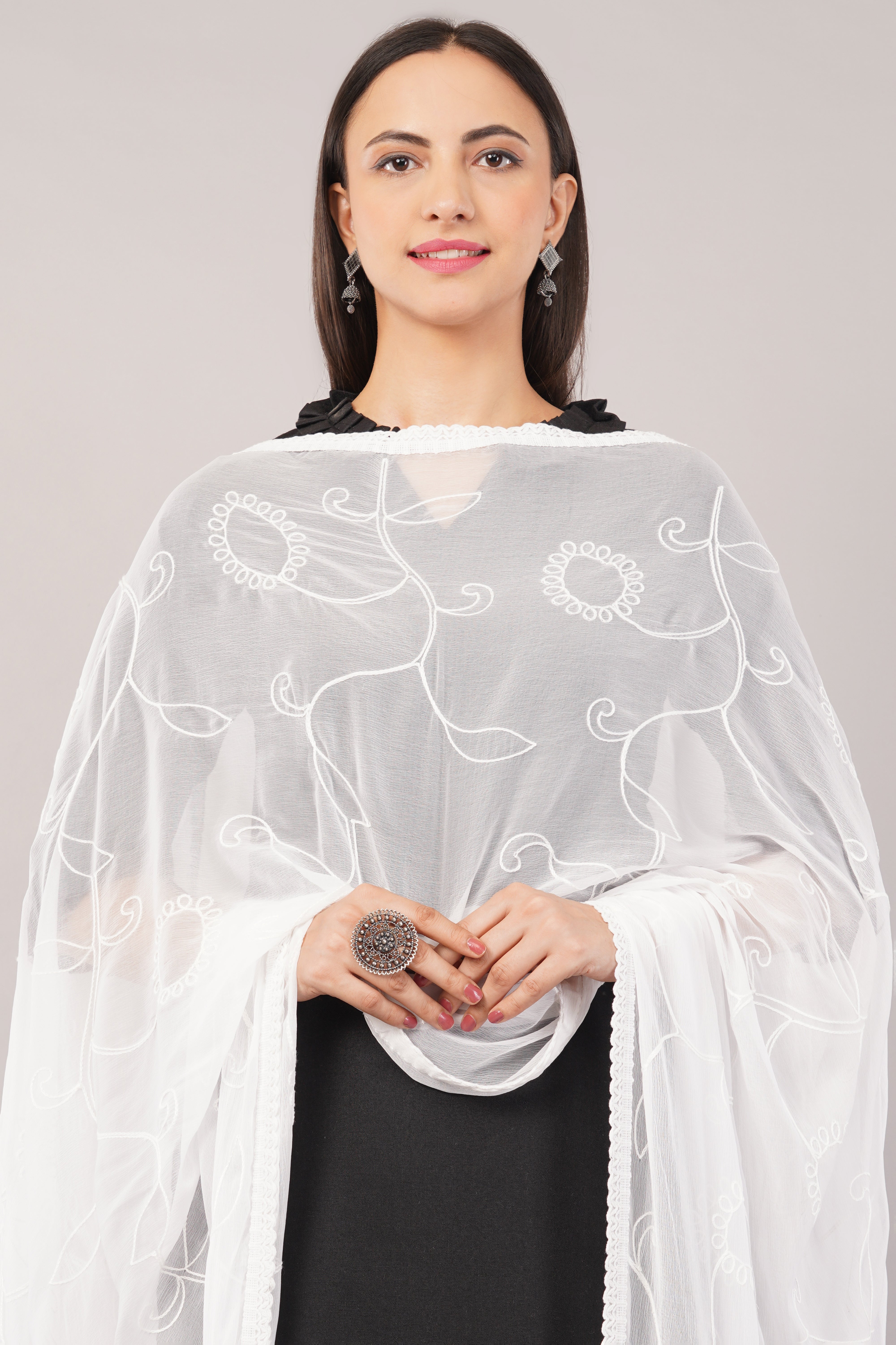 White Embroidered Dyeable Chiffon Dupatta | Nazneen Chunni (ND-5) | IVAARA.