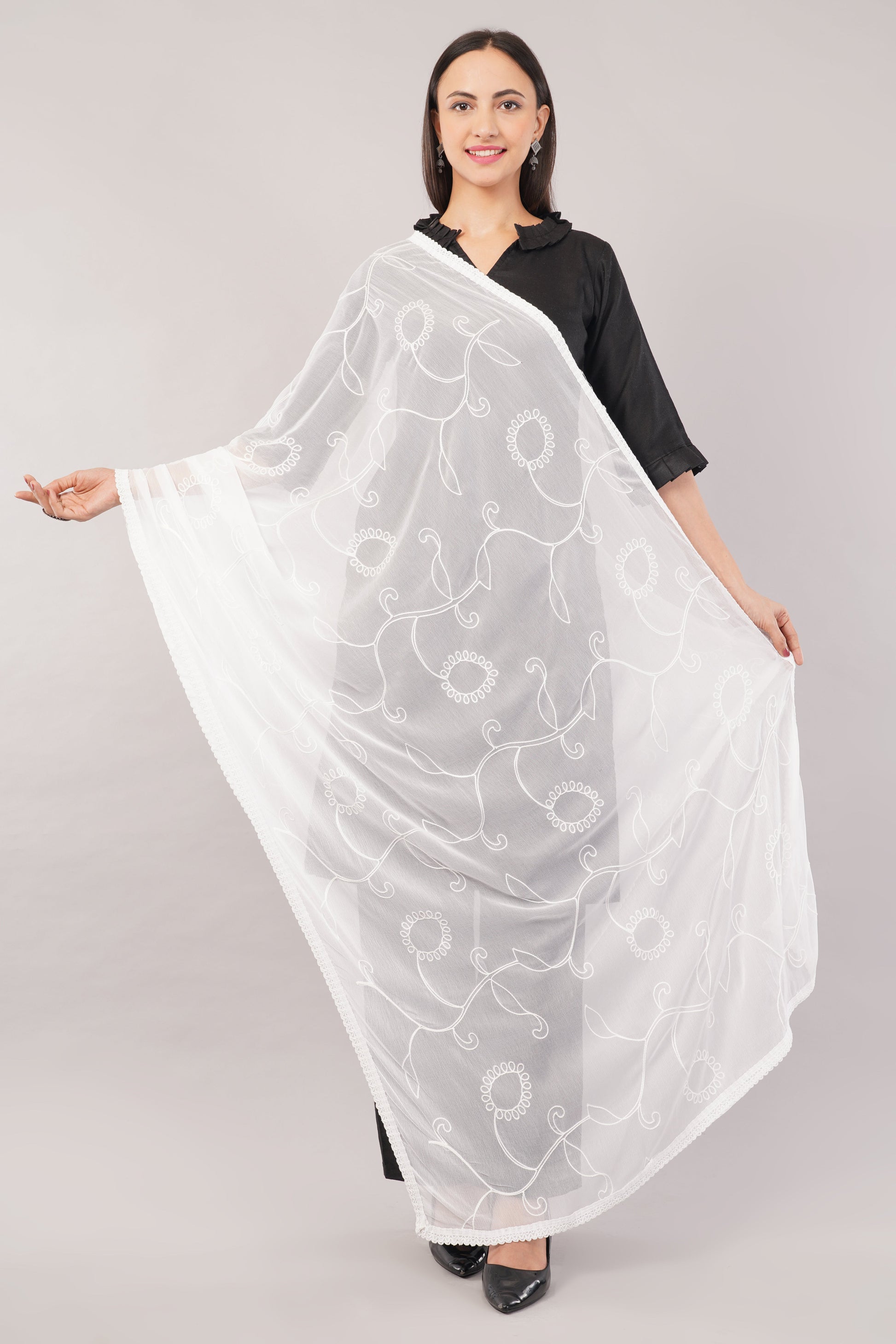 White Embroidered Dyeable Chiffon Dupatta | Nazneen Chunni (ND-5) | IVAARA.