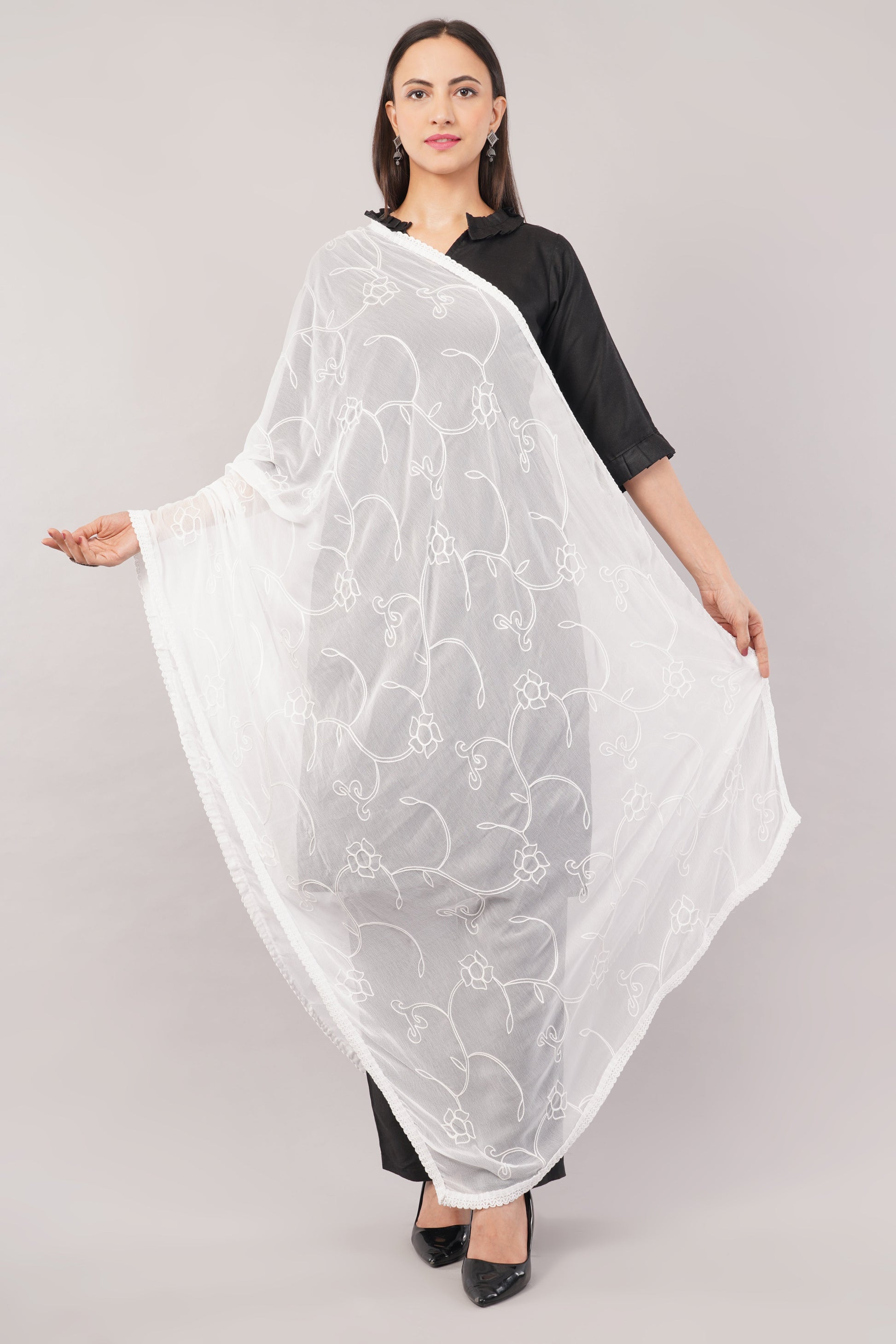 White Embroidered Dyeable Chiffon Dupatta | Nazneen Chunni (ND-7) | IVAARA.