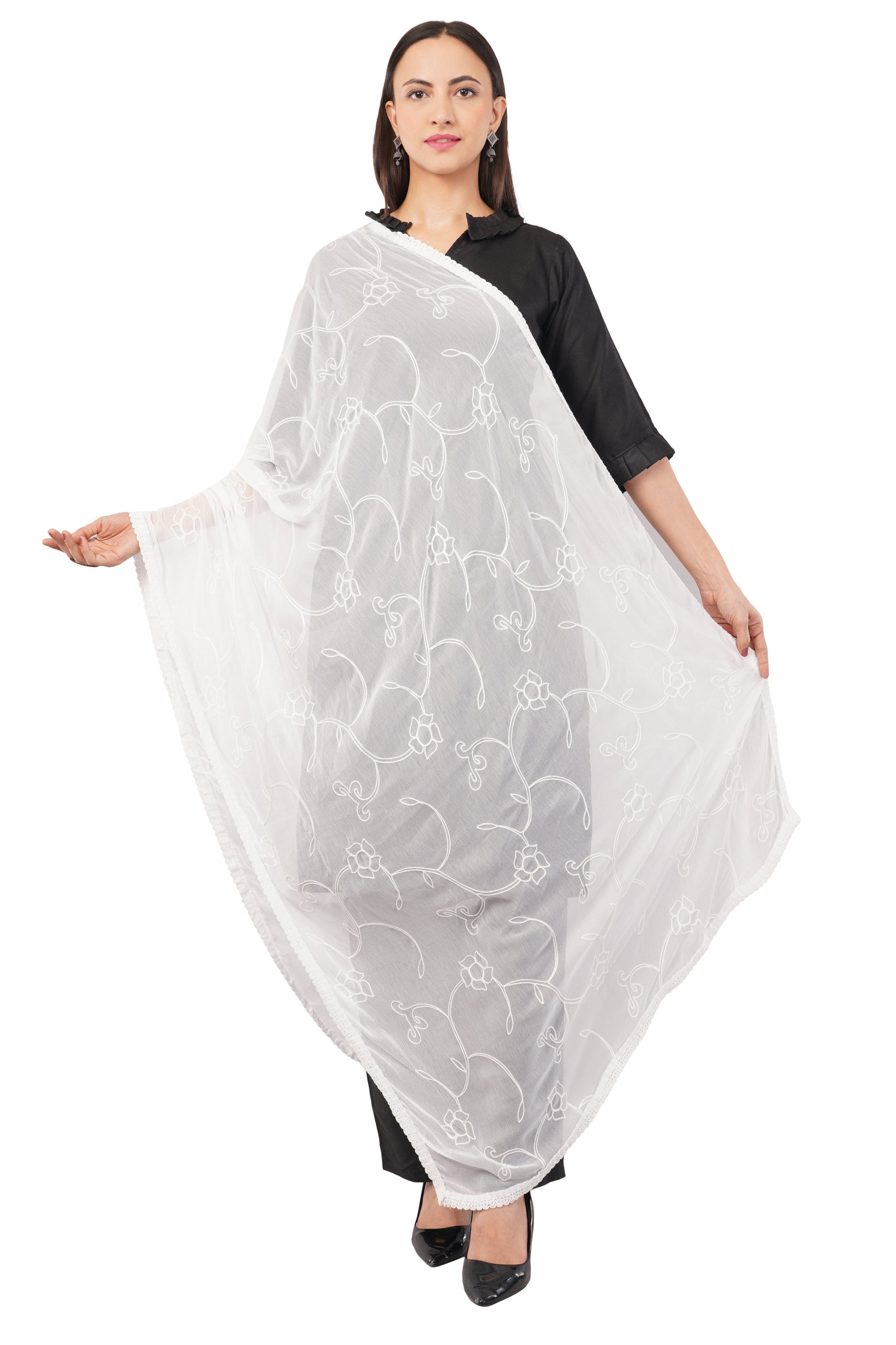 White Embroidered Dyeable Chiffon Dupatta | Nazneen Chunni (ND-7) | IVAARA.