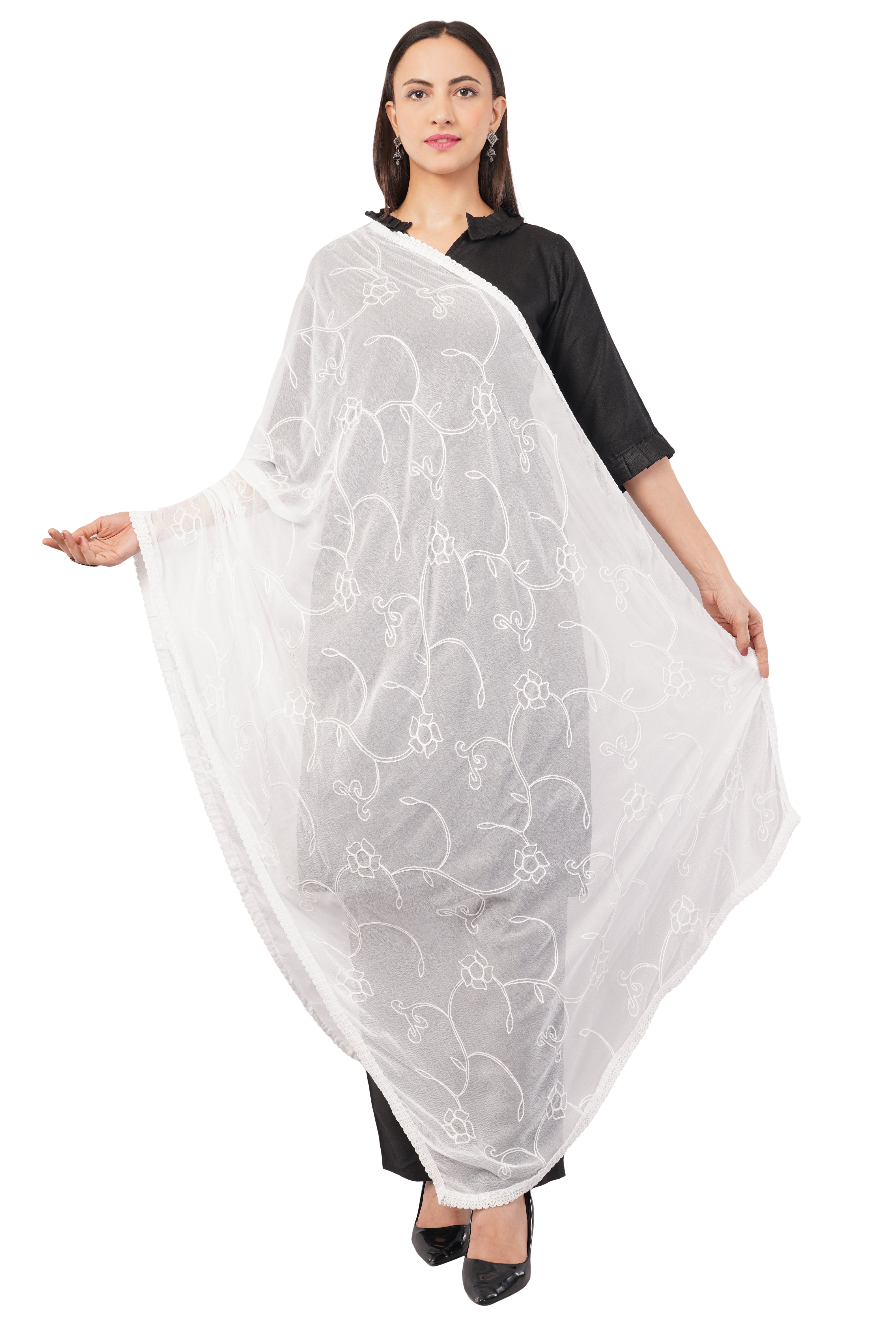 White Embroidered Dyeable Chiffon Dupatta | Nazneen Chunni (ND-7) | IVAARA.