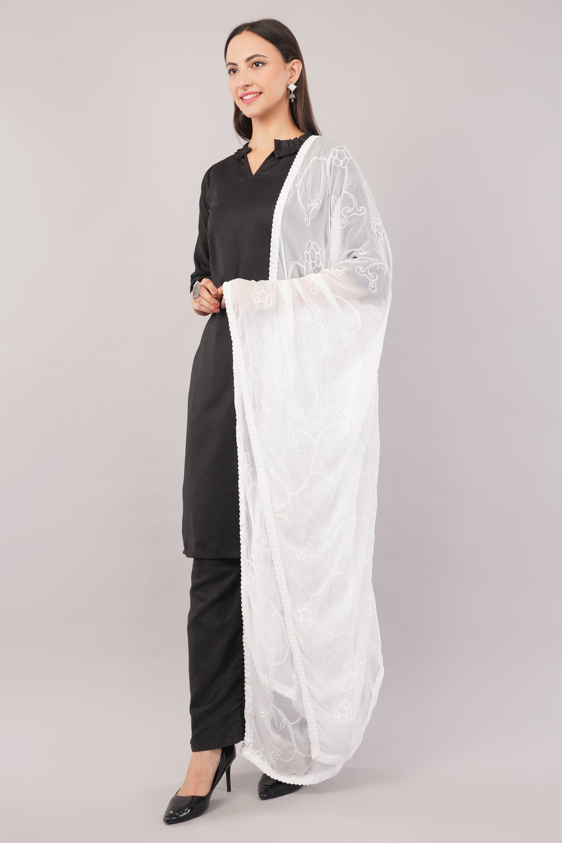 White Embroidered Dyeable Chiffon Dupatta | Nazneen Chunni (ND-7) | IVAARA.