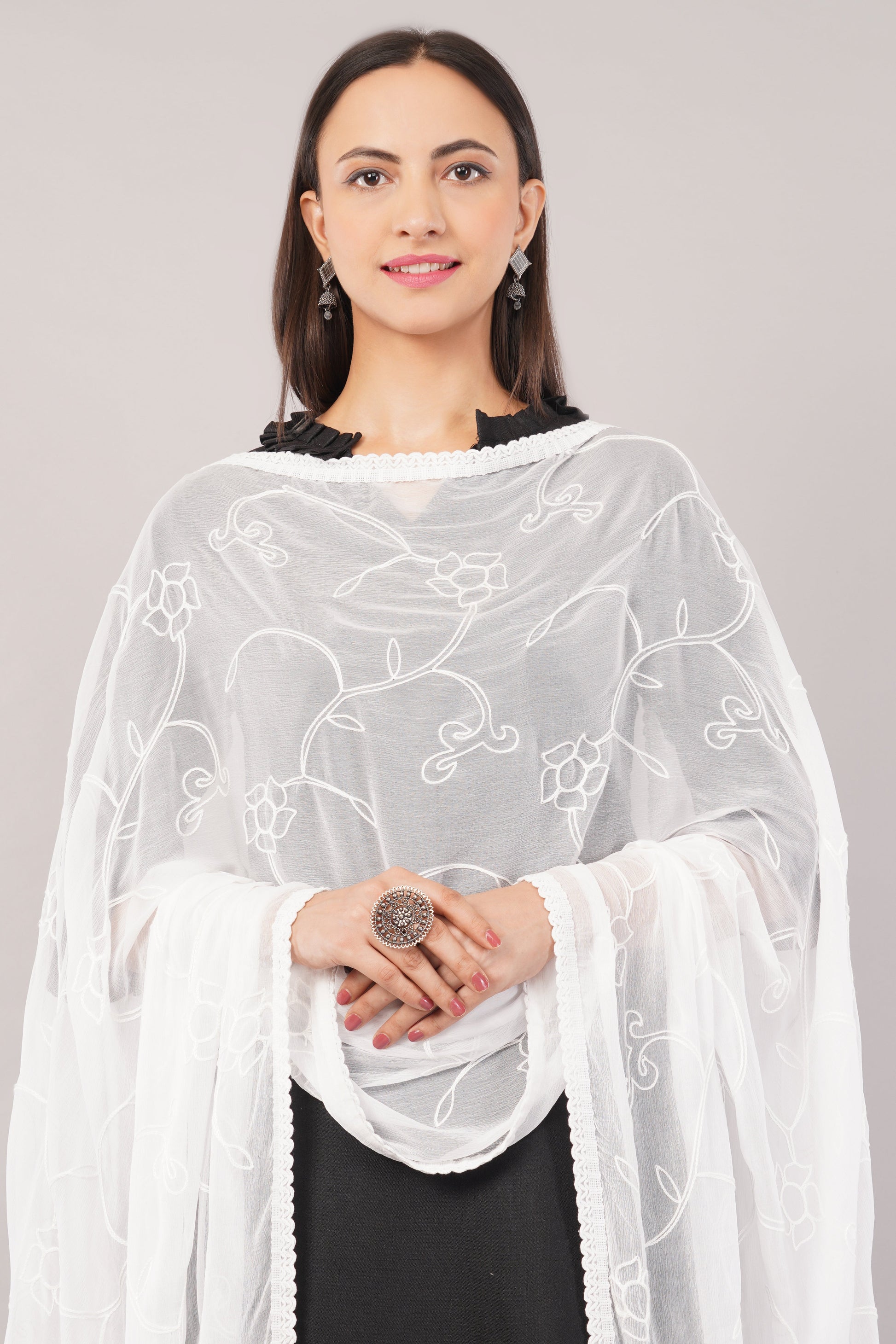 White Embroidered Dyeable Chiffon Dupatta | Nazneen Chunni (ND-7) | IVAARA.