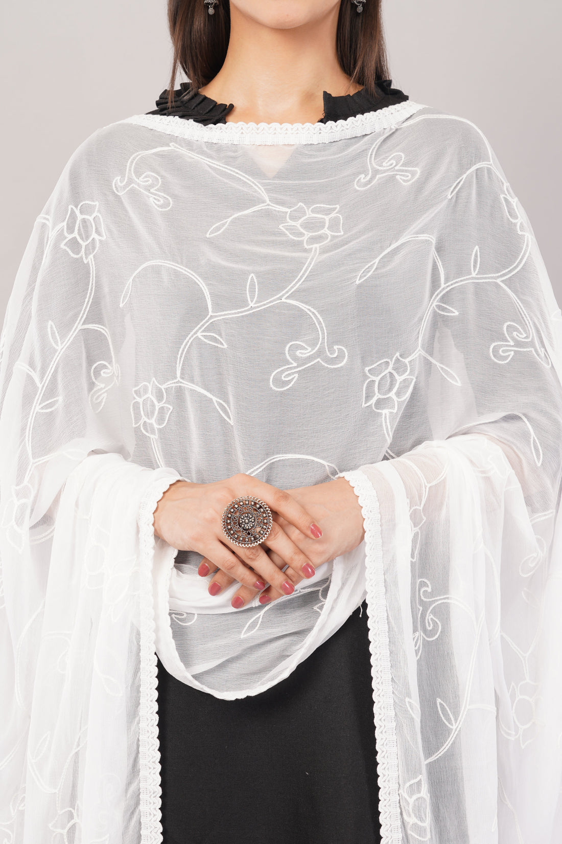 White Embroidered Dyeable Chiffon Dupatta | Nazneen Chunni (ND-7) | IVAARA.