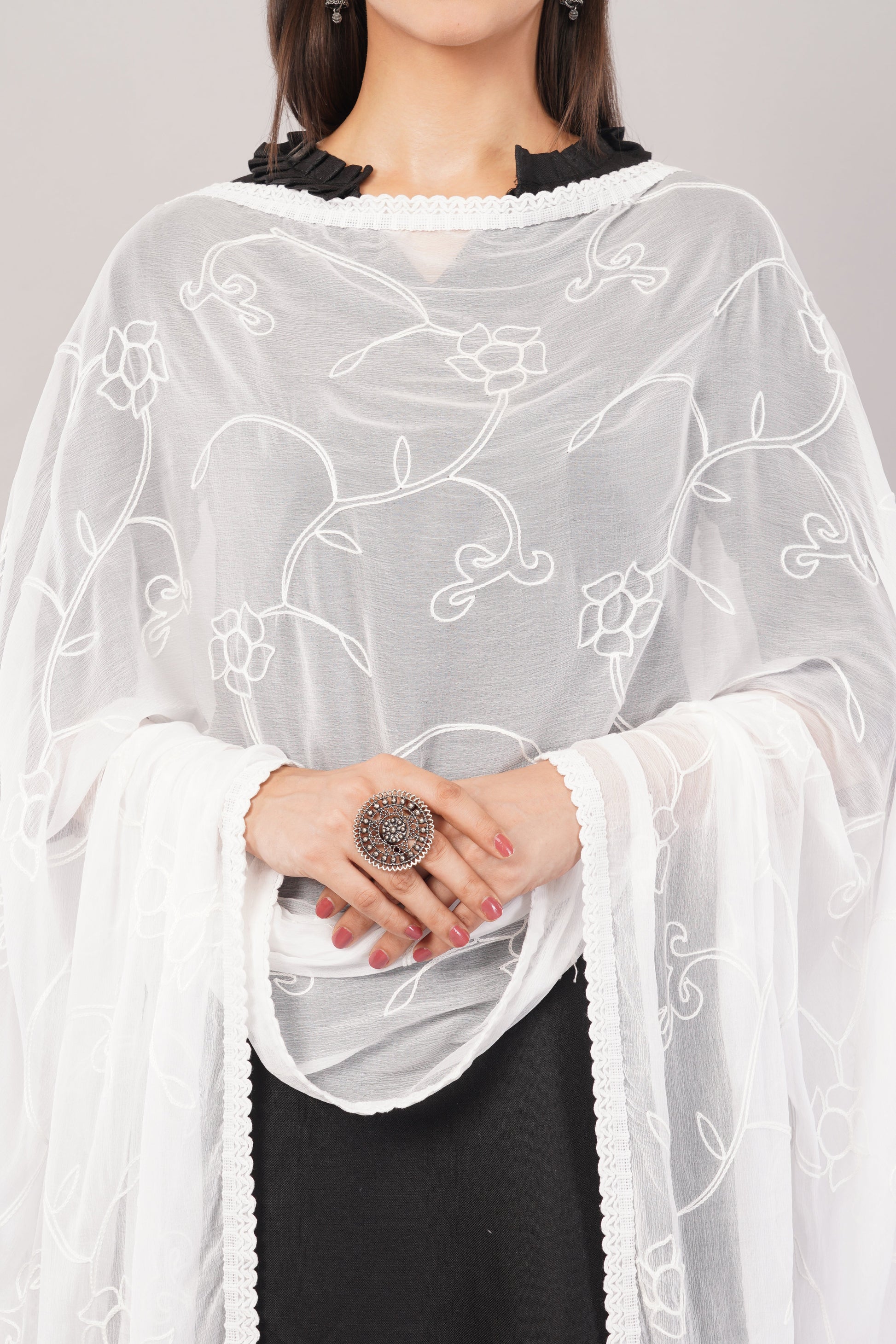 White Embroidered Dyeable Chiffon Dupatta | Nazneen Chunni (ND-7) | IVAARA.