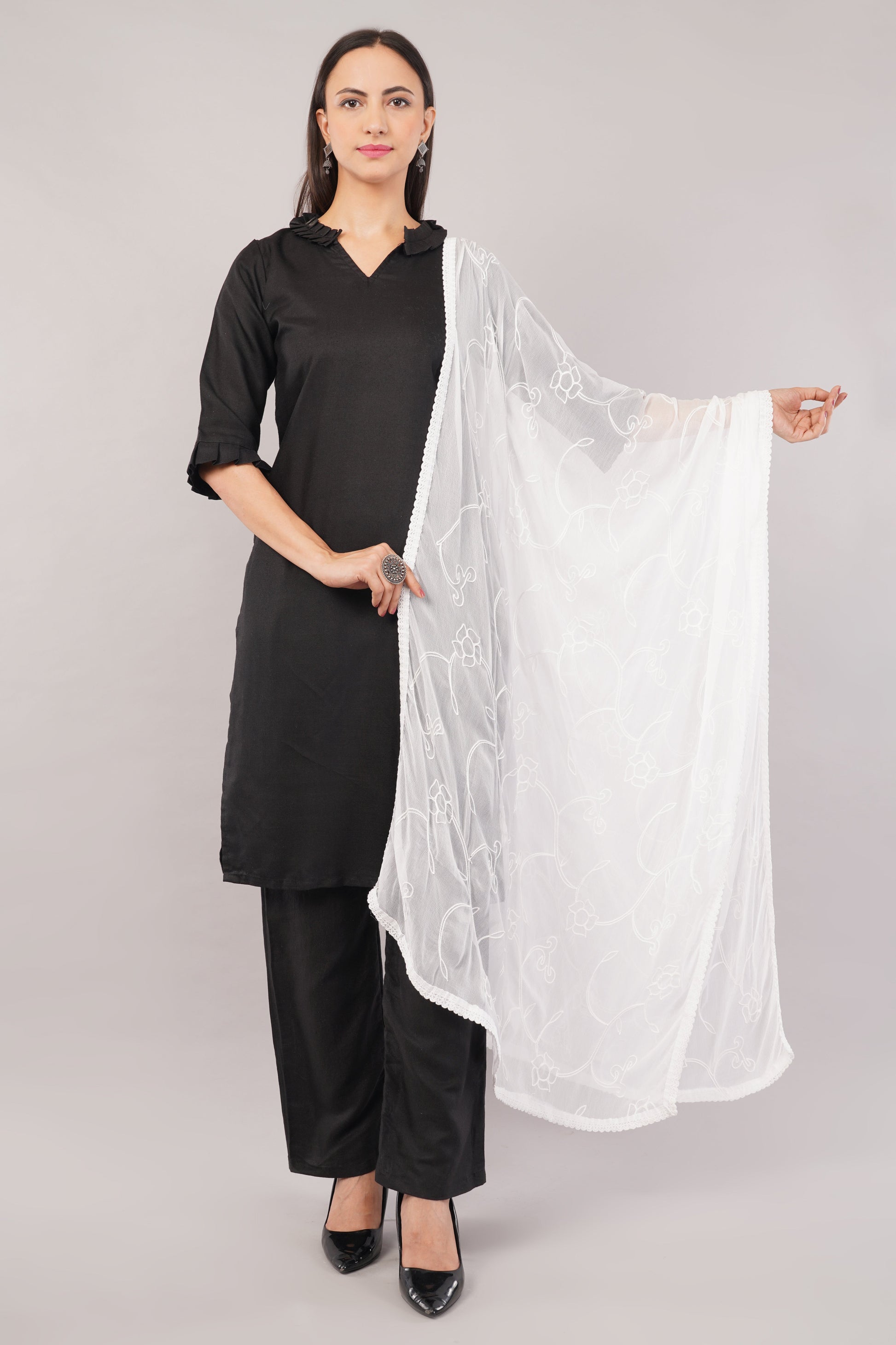 White Embroidered Dyeable Chiffon Dupatta | Nazneen Chunni (ND-7) | IVAARA.
