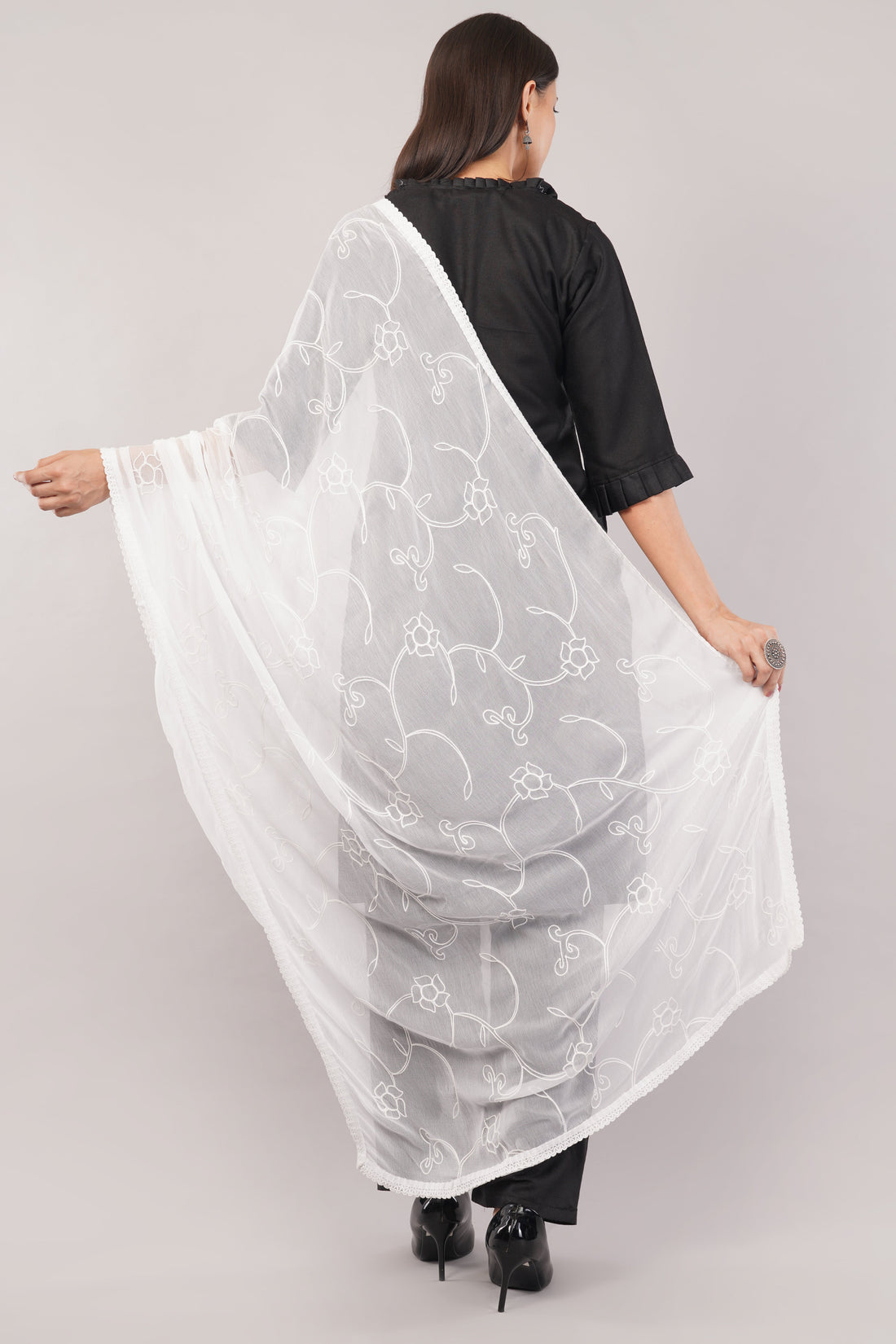 White Embroidered Dyeable Chiffon Dupatta | Nazneen Chunni (ND-7) | IVAARA.