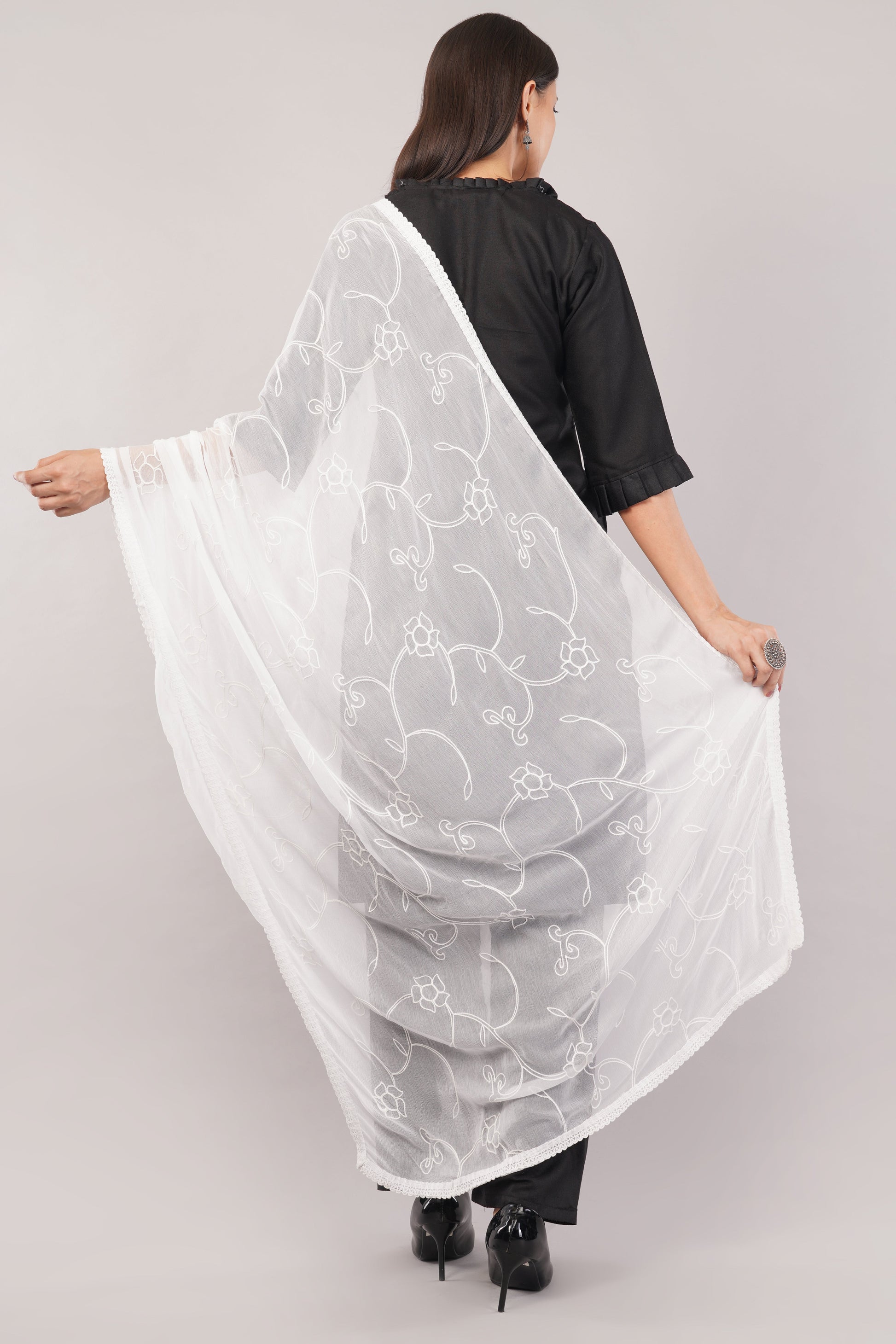 White Embroidered Dyeable Chiffon Dupatta | Nazneen Chunni (ND-7) | IVAARA.