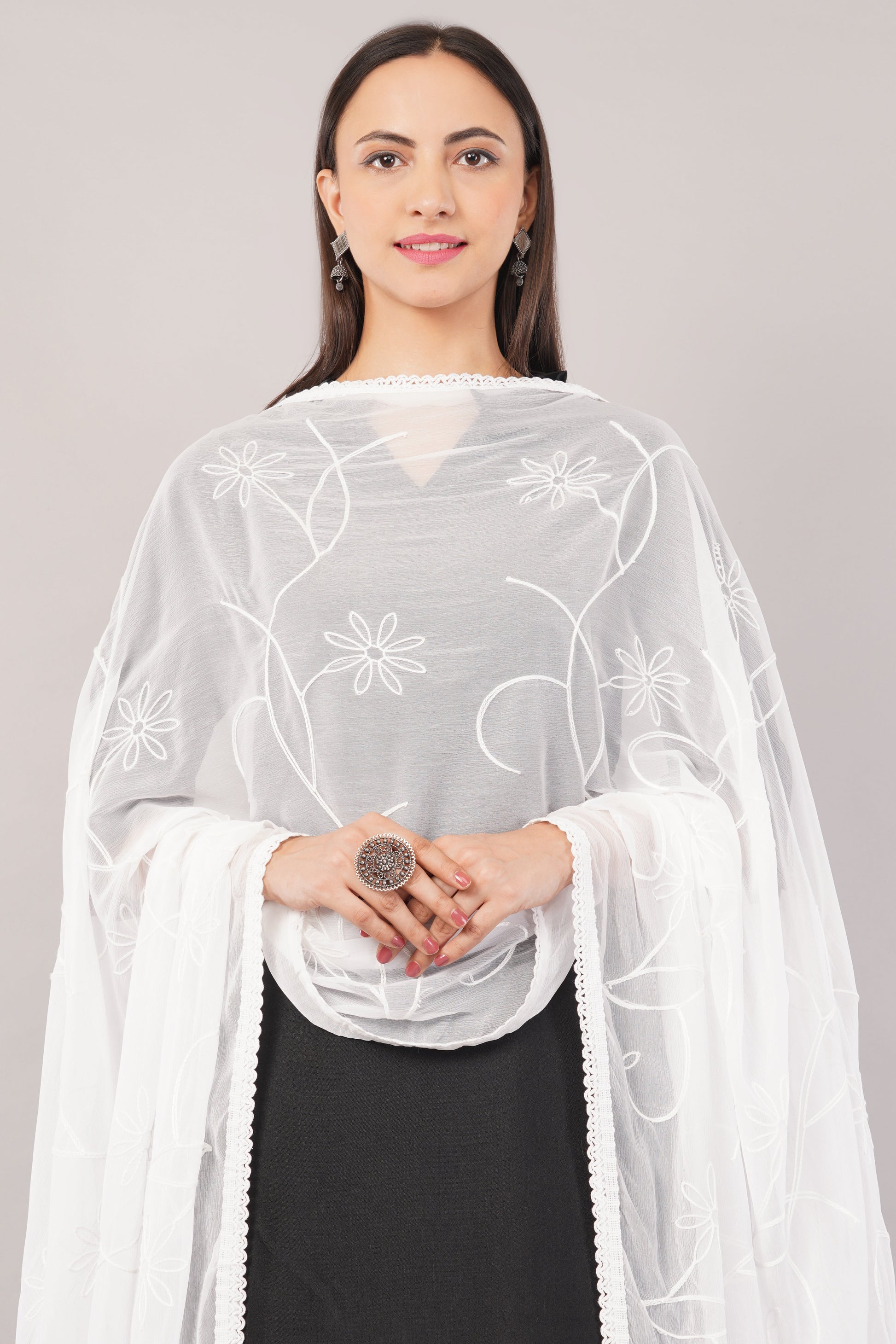 White Embroidered Dyeable Chiffon Dupatta | Nazneen Chunni (ND-8) | IVAARA.
