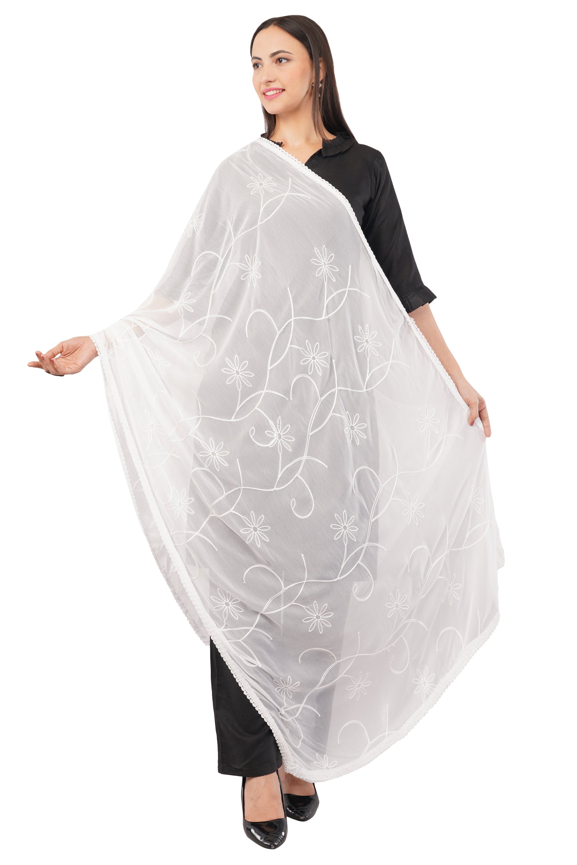 White Embroidered Dyeable Chiffon Dupatta | Nazneen Chunni (ND-8) | IVAARA.