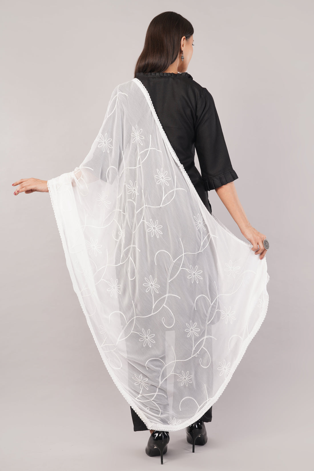 White Embroidered Dyeable Chiffon Dupatta | Nazneen Chunni (ND-8) | IVAARA.