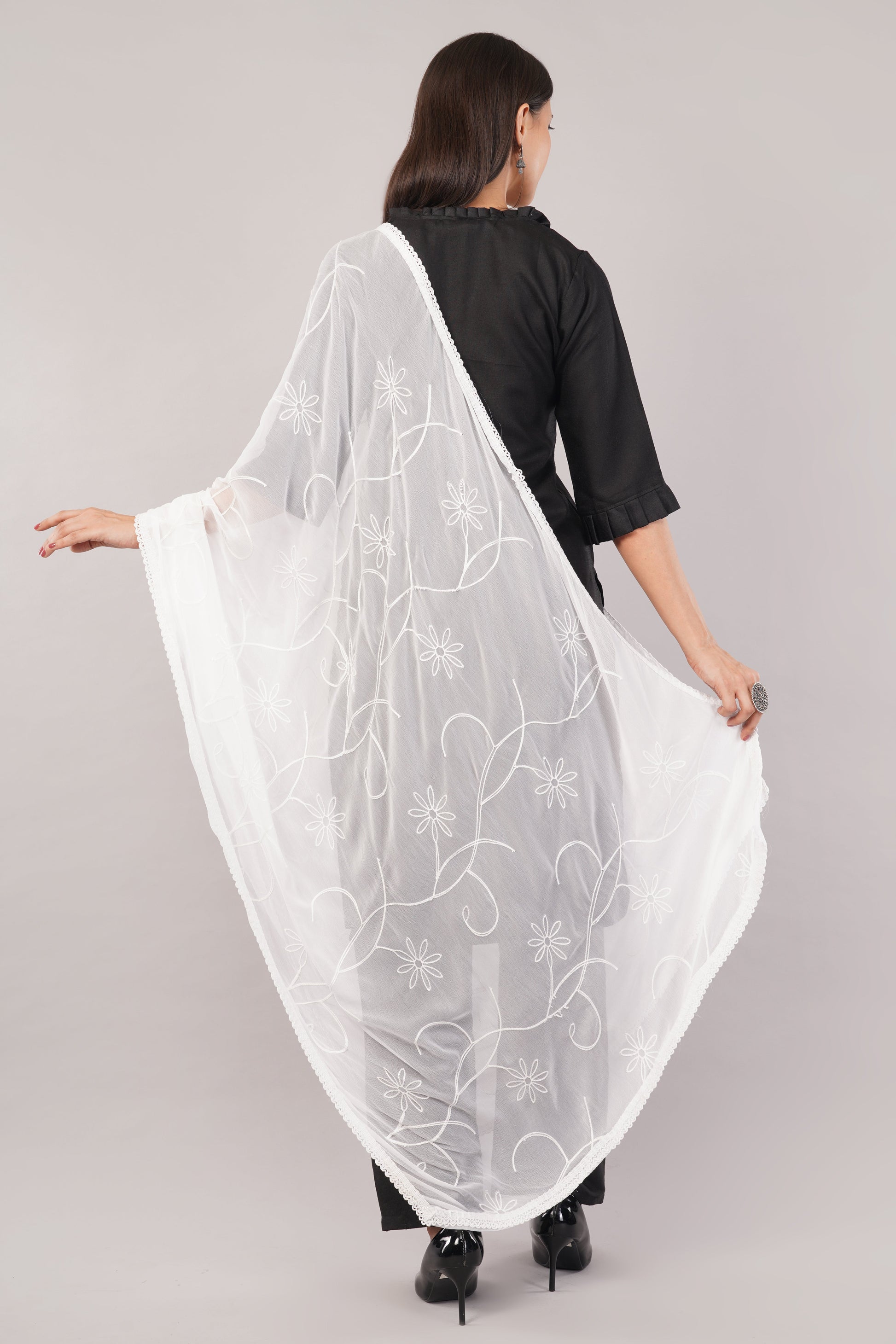 White Embroidered Dyeable Chiffon Dupatta | Nazneen Chunni (ND-8) | IVAARA.