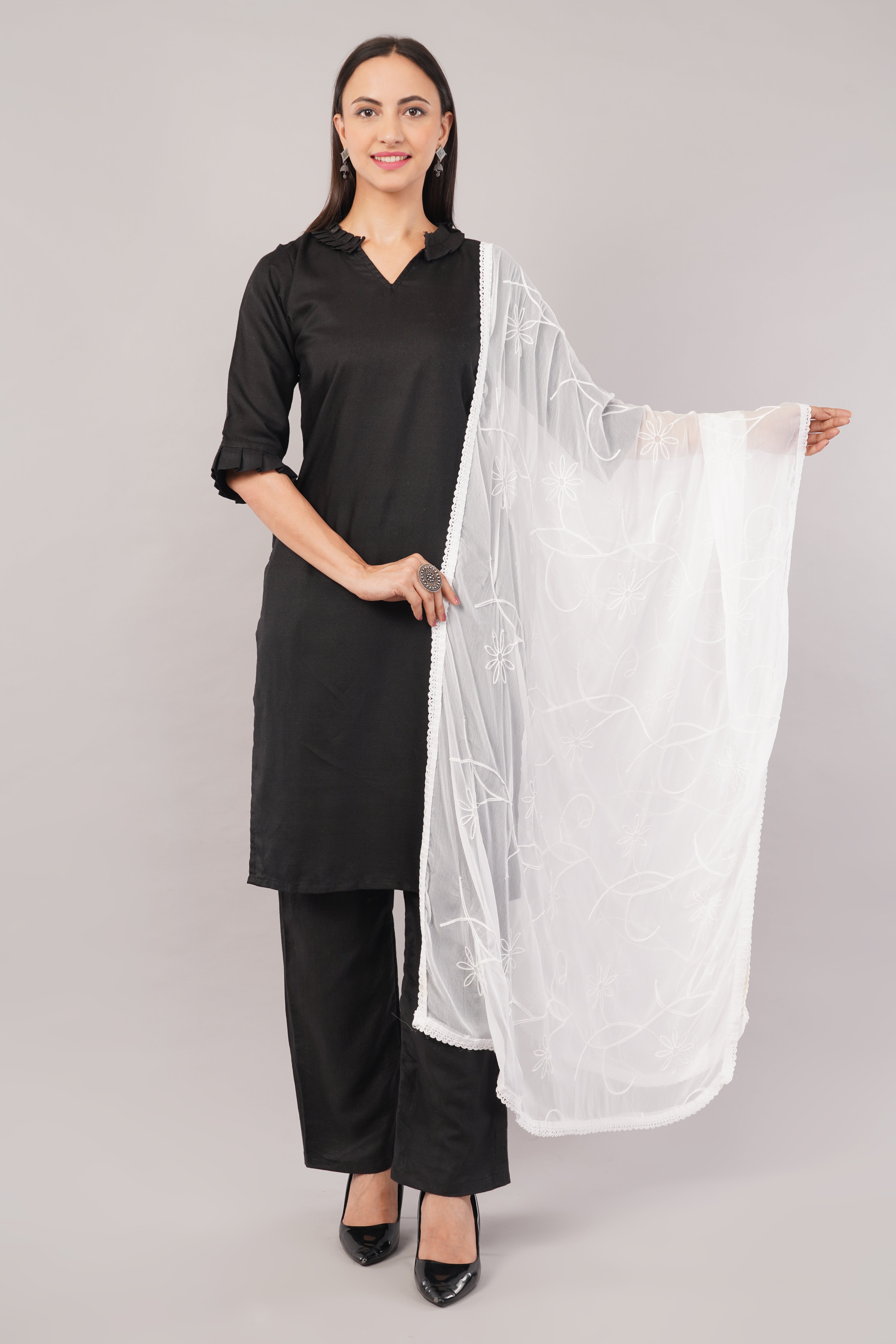 White Embroidered Dyeable Chiffon Dupatta | Nazneen Chunni (ND-8) | IVAARA.