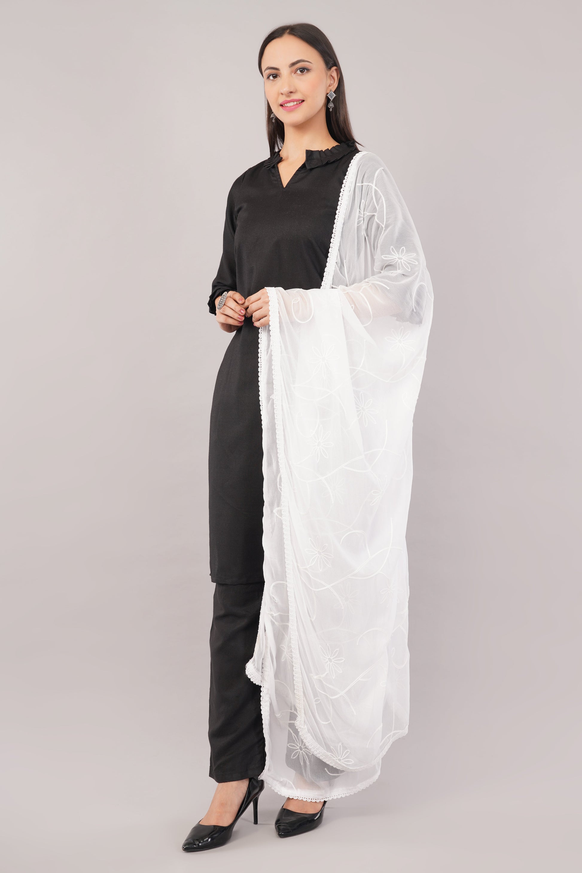 White Embroidered Dyeable Chiffon Dupatta | Nazneen Chunni (ND-8) | IVAARA.
