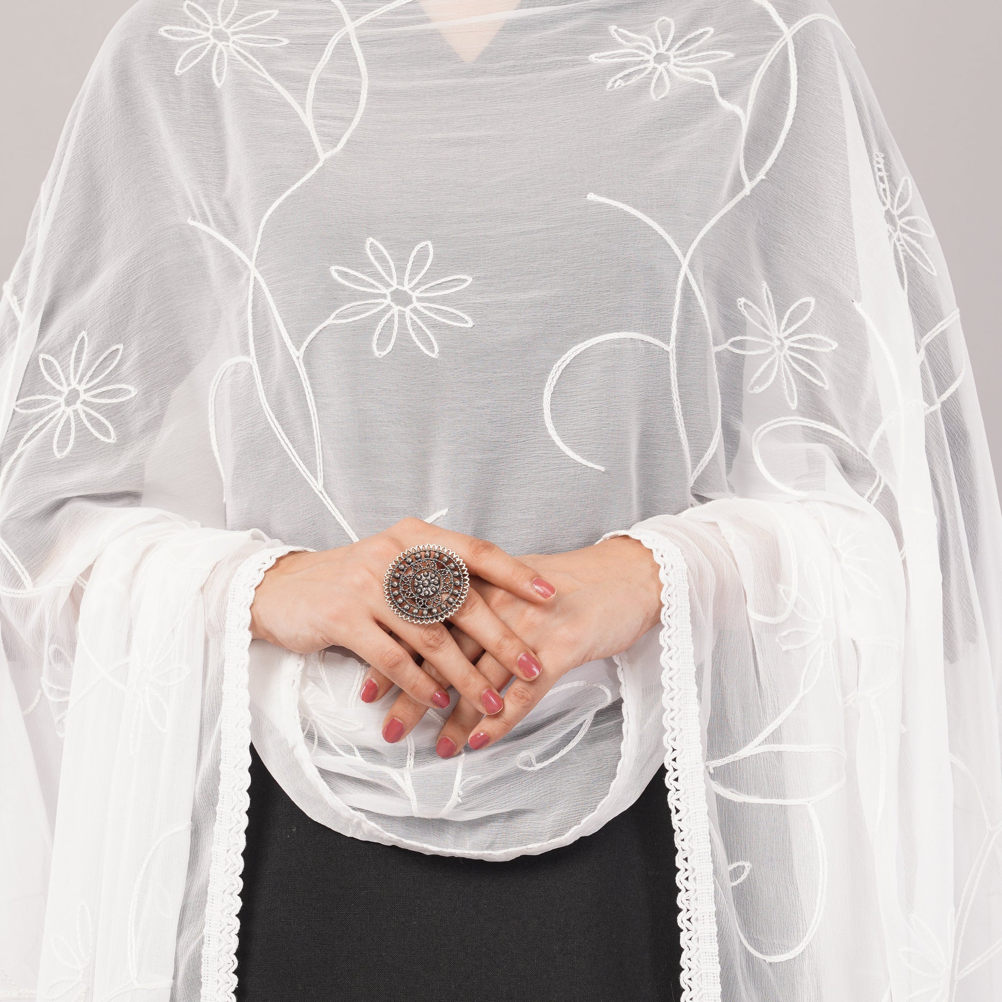 White Embroidered Dyeable Chiffon Dupatta | Nazneen Chunni (ND-8) | IVAARA.