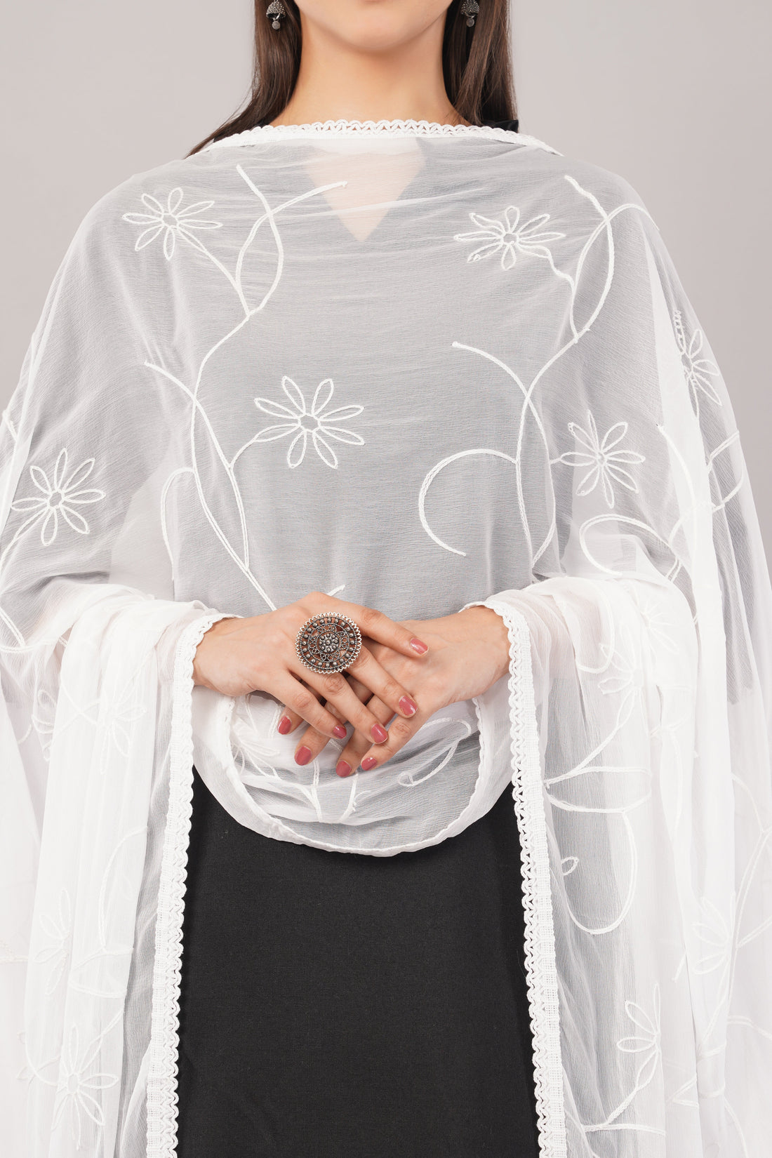 White Embroidered Dyeable Chiffon Dupatta | Nazneen Chunni (ND-8) | IVAARA.