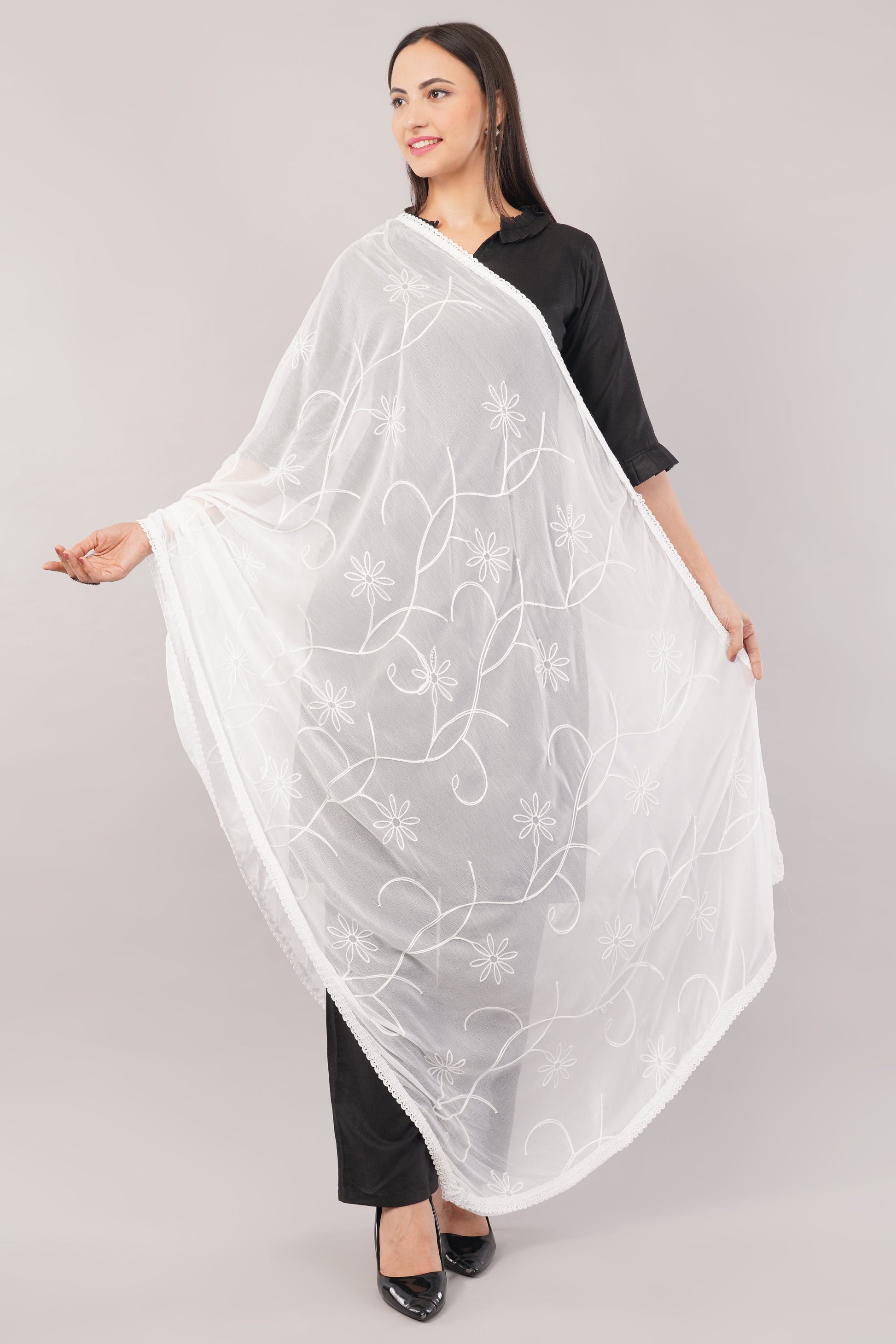 White Embroidered Dyeable Chiffon Dupatta | Nazneen Chunni (ND-8) | IVAARA.