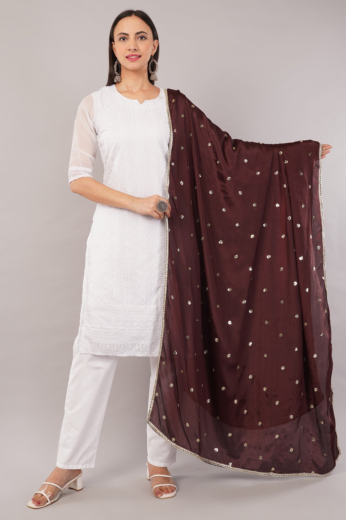 Chinnon Butti Dupatta Coffee (CD14) – Embroidered Dupatta for Women.
