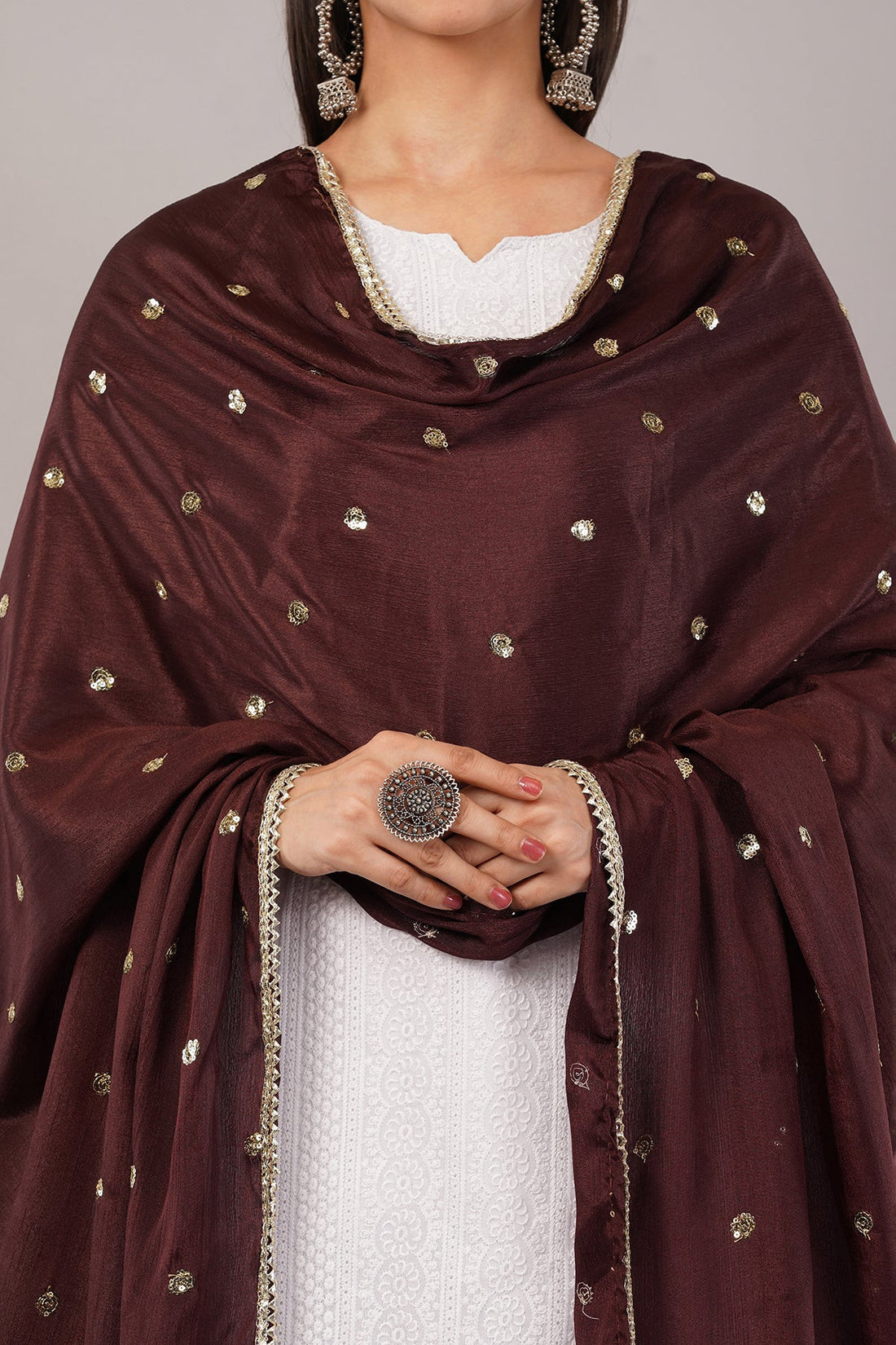 Chinnon Butti Dupatta Coffee (CD14) – Embroidered Dupatta for Women.