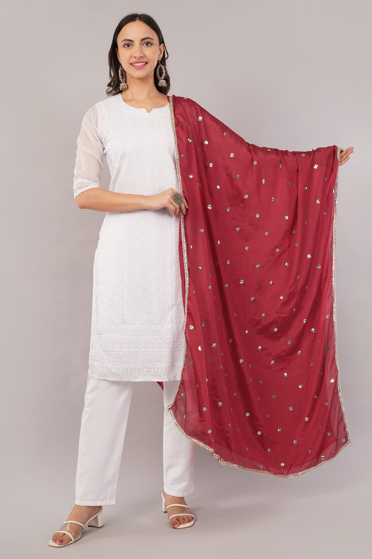 Chinnon Butti Dupatta Dark Maroon (CD18) – Embroidered Dupatta for Women.