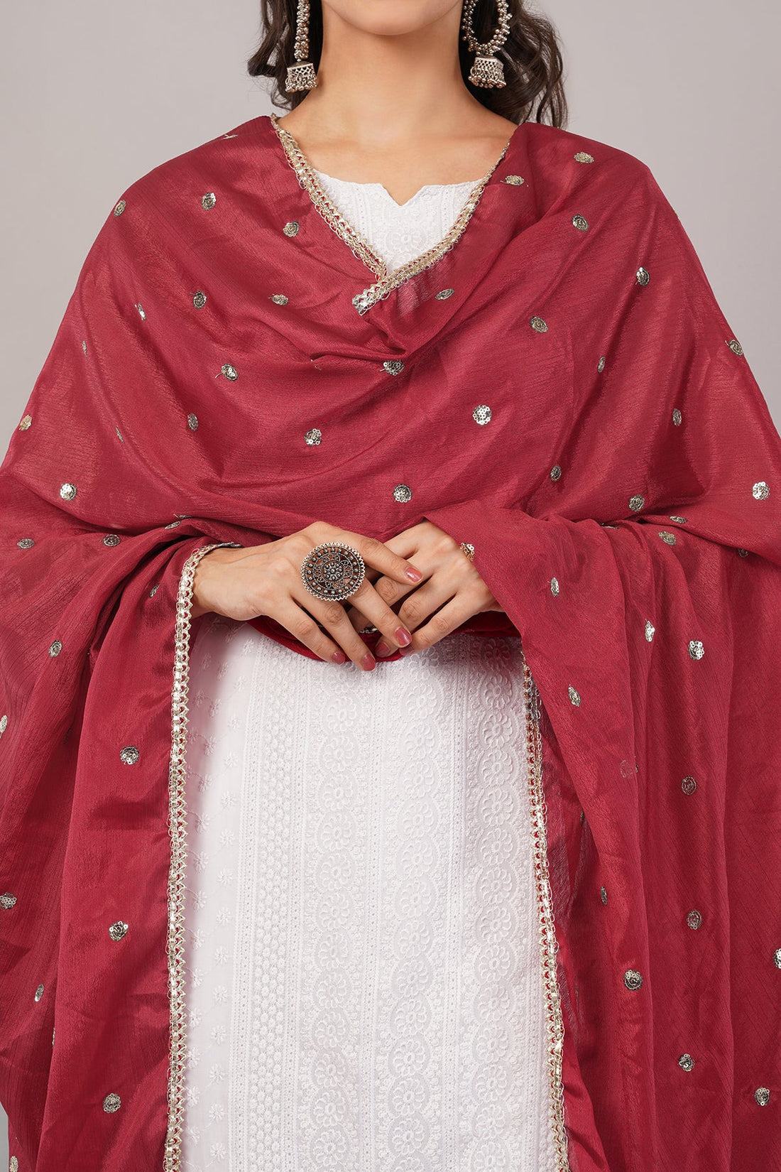 Chinnon Butti Dupatta Dark Maroon (CD18) – Embroidered Dupatta for Women.