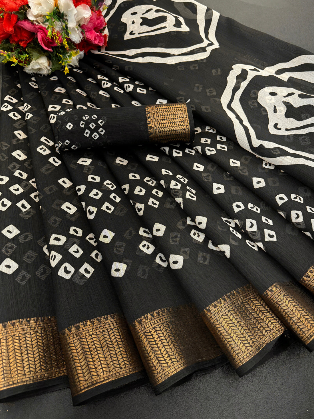 Cotton Blend Dobby Bandhej Printed Saree with Blouse – 6 Meter | Ivaara.