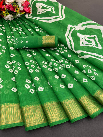 Cotton Blend Dobby Bandhej Printed Green Saree with Blouse – 6 Meter | Ivaara