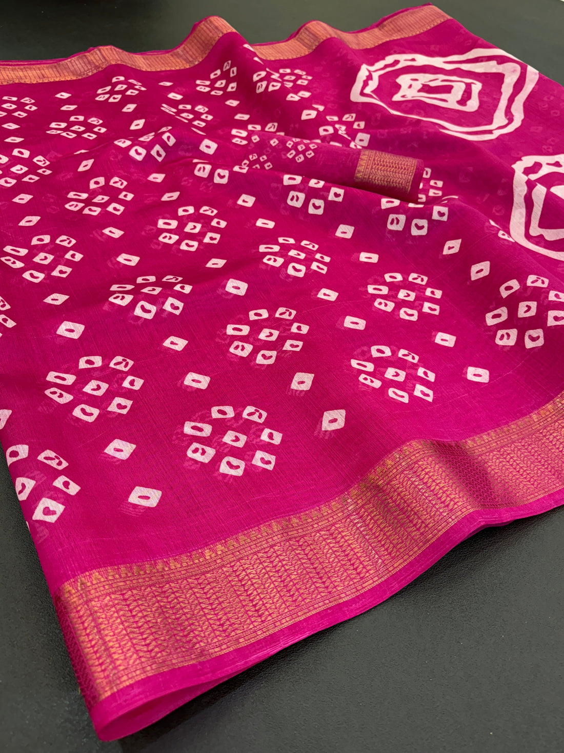 Cotton Blend Dobby Bandhej Printed Pink Saree with Blouse – 6 Meter | Ivaara.