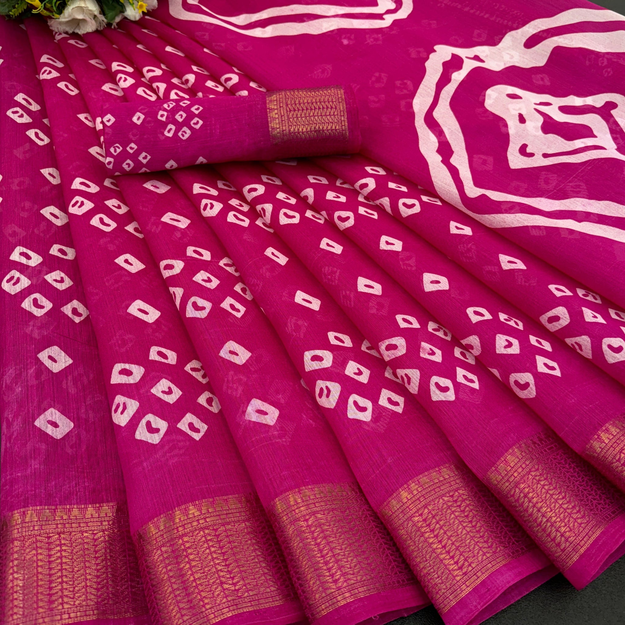 Cotton Blend Dobby Bandhej Printed Pink Saree with Blouse – 6 Meter | Ivaara.