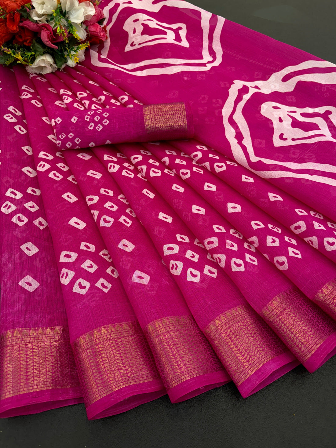 Cotton Blend Dobby Bandhej Printed Pink Saree with Blouse – 6 Meter | Ivaara.