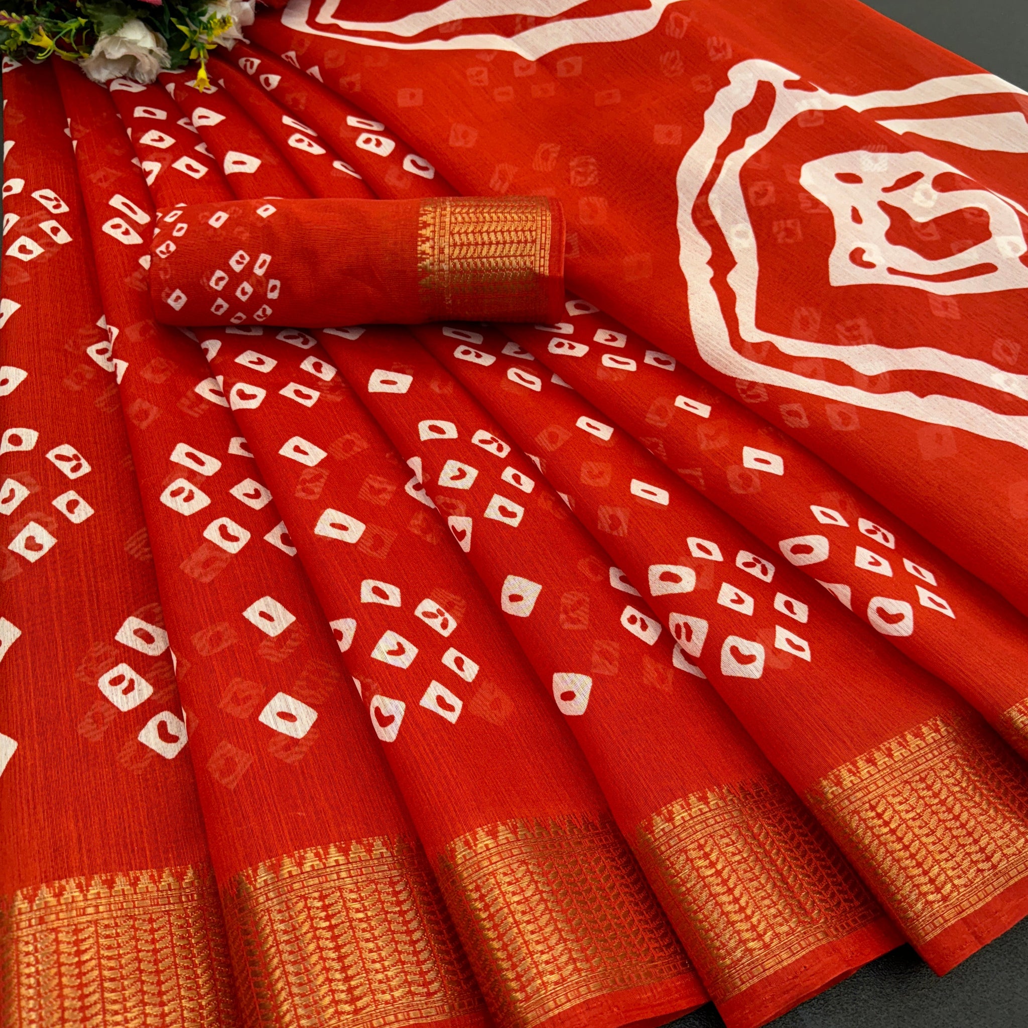 Cotton Blend Dobby Bandhej Printed Red Saree with Blouse – 6 Meter | Ivaara.