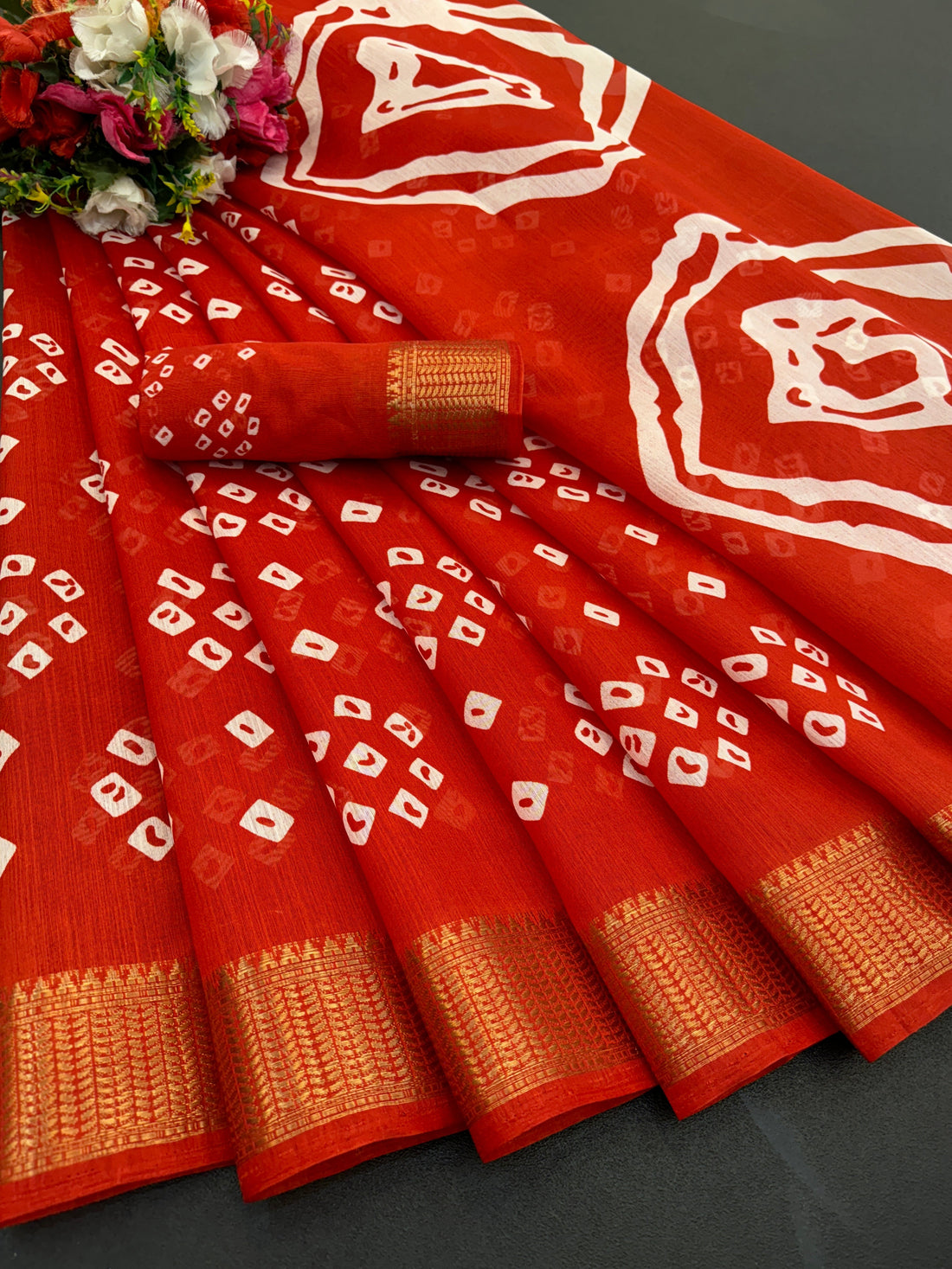 Cotton Blend Dobby Bandhej Printed Red Saree with Blouse – 6 Meter | Ivaara.