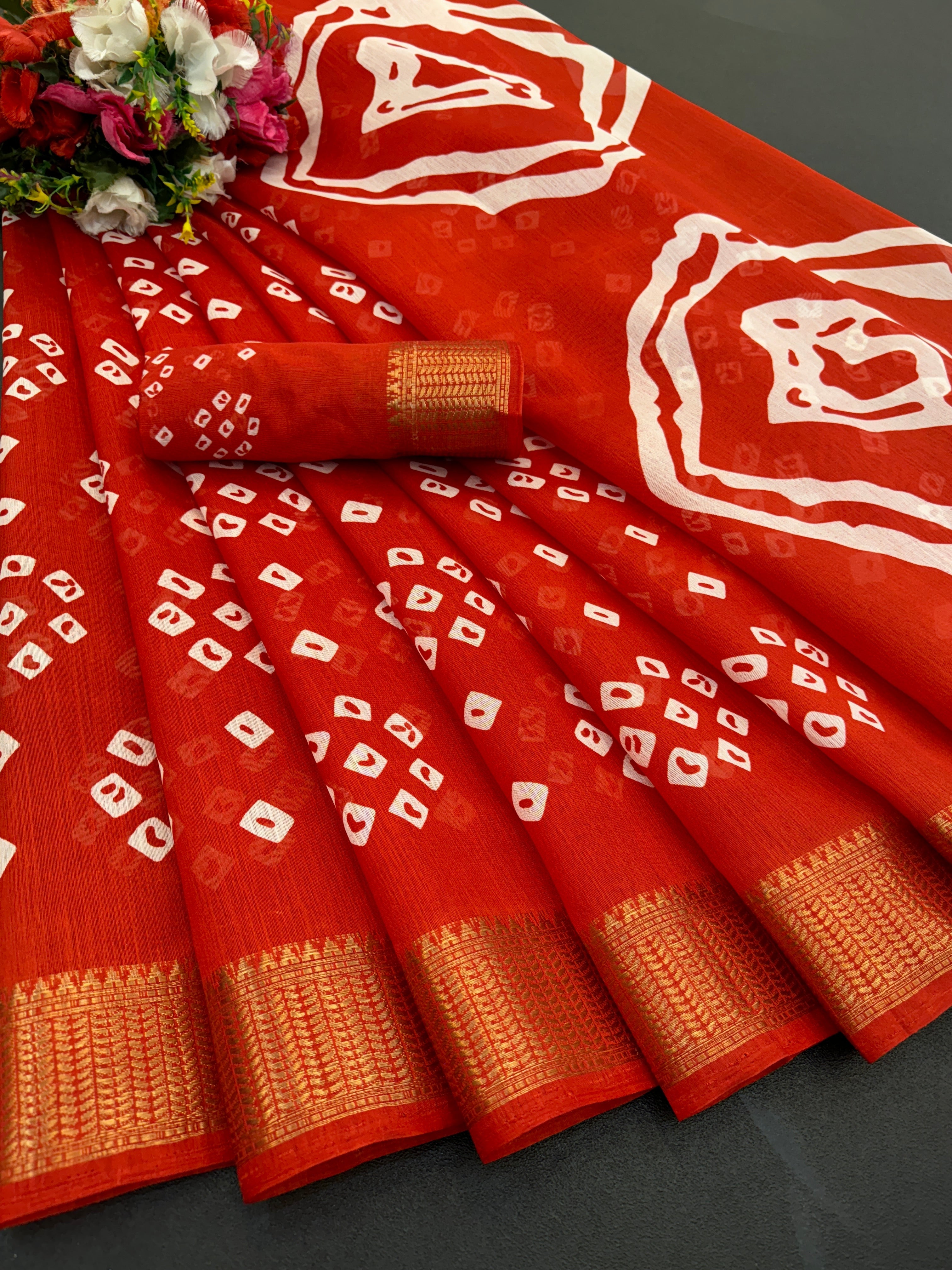 Cotton Blend Dobby Bandhej Printed Red Saree with Blouse – 6 Meter | Ivaara.