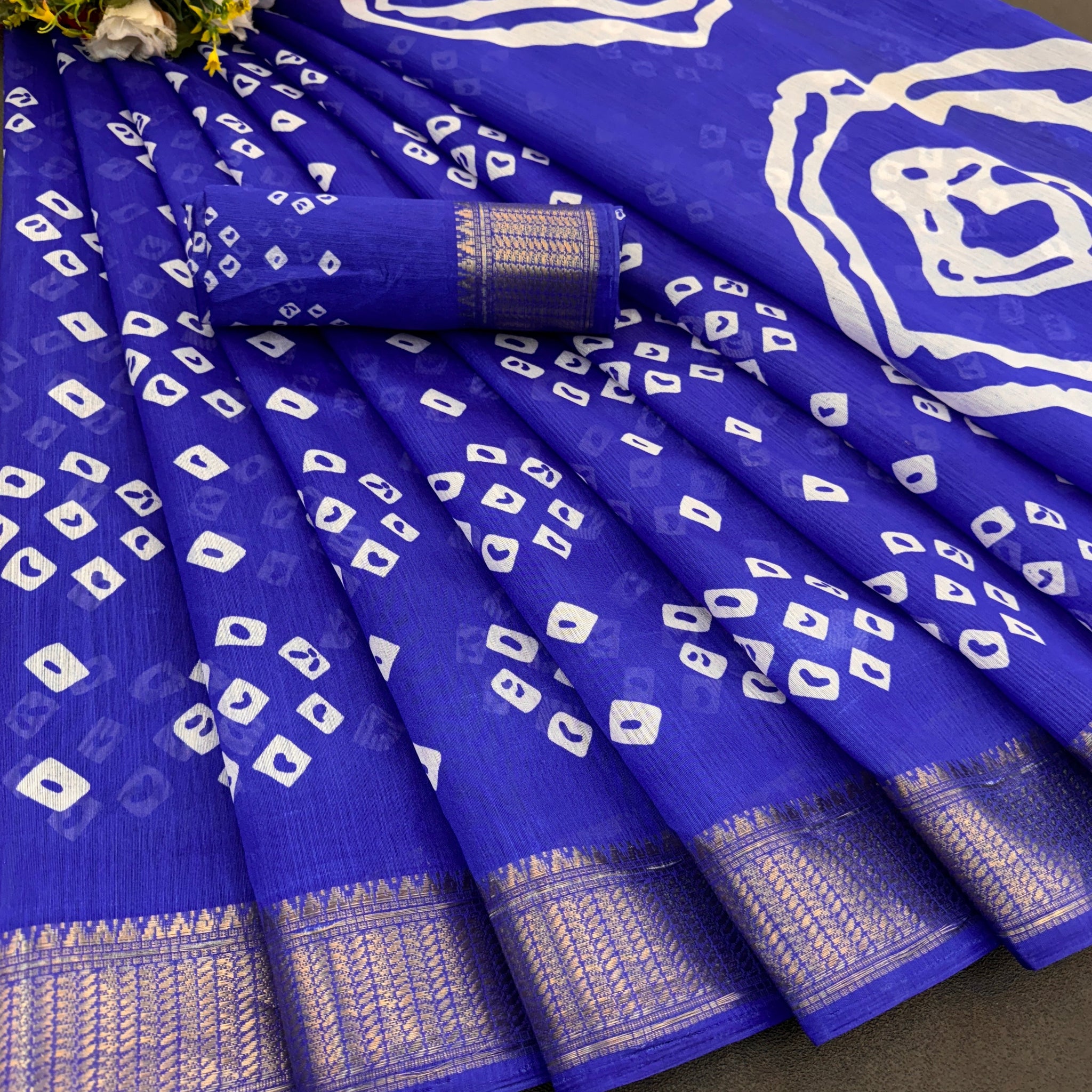 Cotton Blend Dobby Bandhej Printed Royal Blue Saree with Blouse – 6 Meter | Ivaara.